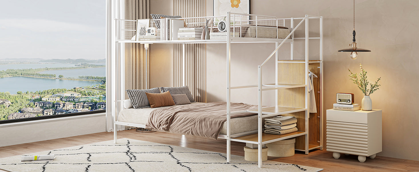 Twin Over Full Metal Bunk Bed With Wire Shelving And Lateral Storage Ladder And Wardrobe, White White Metal