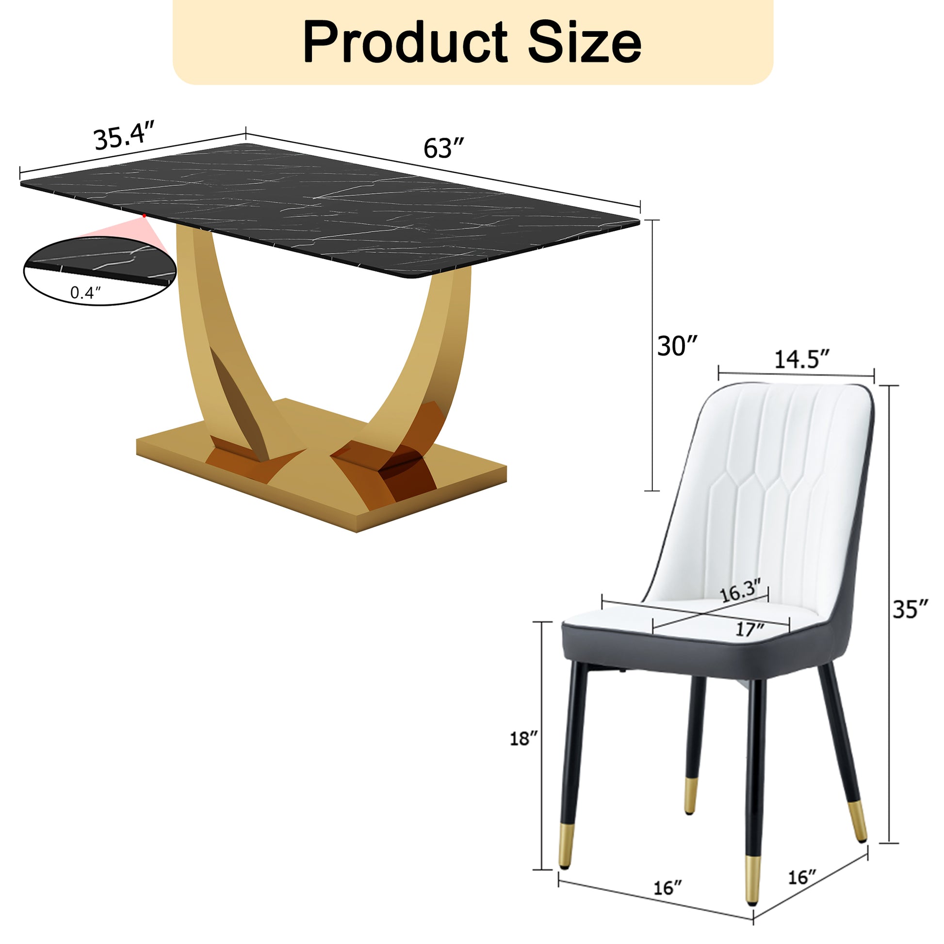 Table And Chair Set.Modern Rectangular Dining Table With Black Textured Stickers Glass Tabletop And Gold Plated Metal Legs.Paried With 4 Comfortable Chairs With Pu Seats And Black Metal Legs. Black Gold,White,White Gray Seats 4 Glass Metal