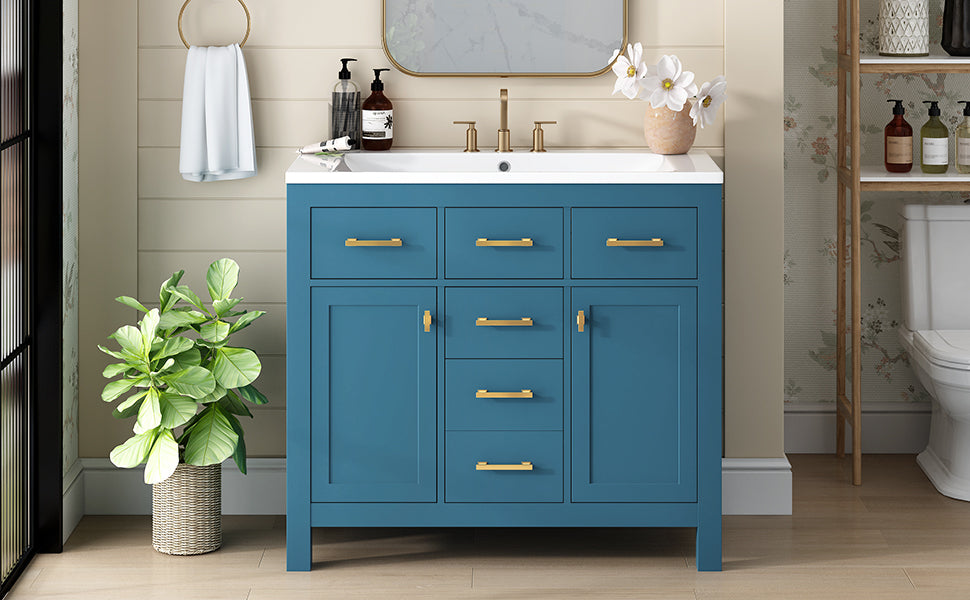 36'' Bathroon Vanity With Resin Sink Combo Set,Modern Freestanding Single Bathroom Cabinet With 4 Drawers & 2 Cabinets,Storage Cabinet For Bathroom, Solid Wood Frame Vanity Set, Blue 4 Blue 2 Adjustable Hinges Bathroom Freestanding Modern Solid Wood Mdf