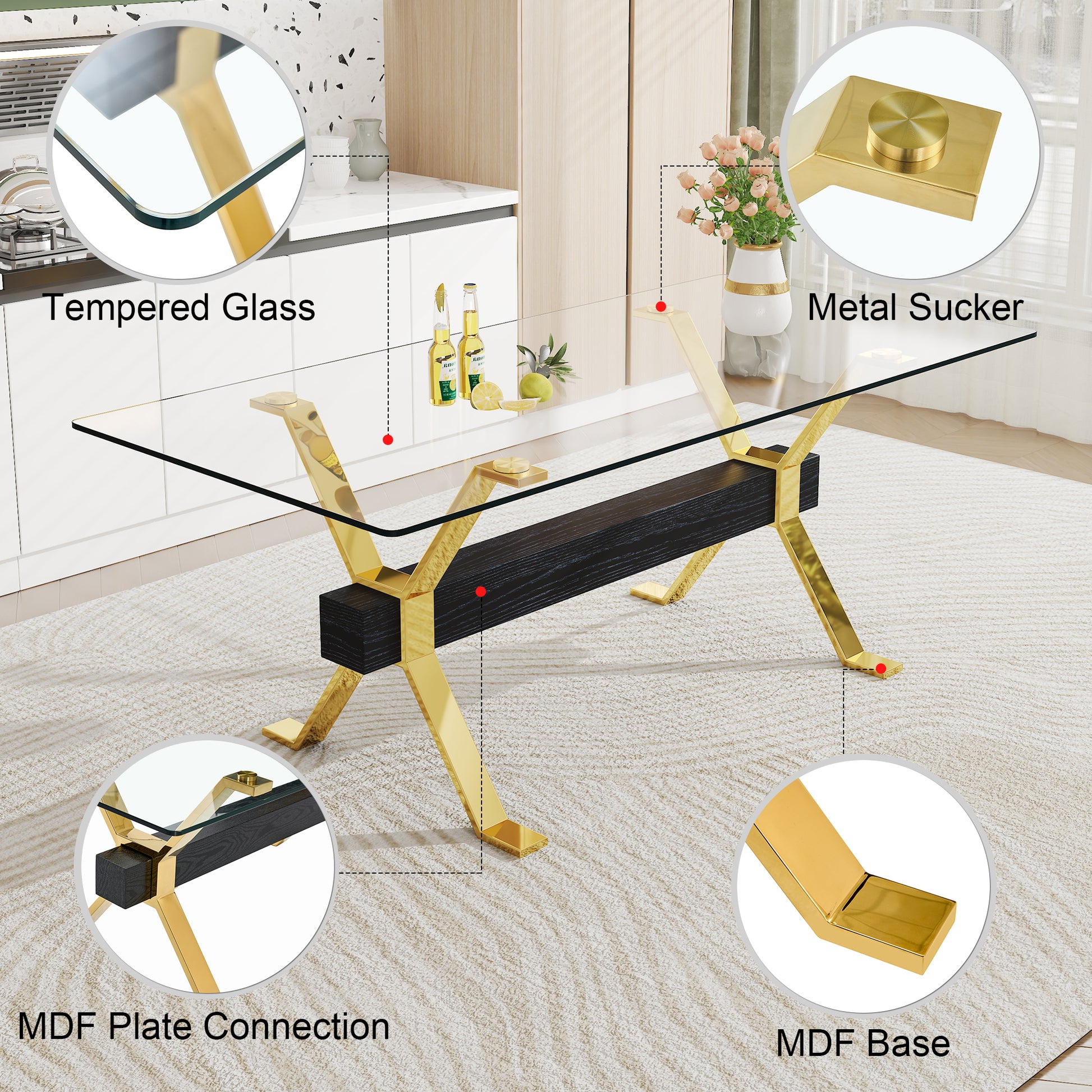 Dining Table. Modern Tempered Glass Dining Table. Large Modern Office Desk With Gold Metal Legs And Mdf Crossbars, Suitable For Home And Office Use. Kitchen .71 ''X35.4''X30 '' 1105 Transparent Glass