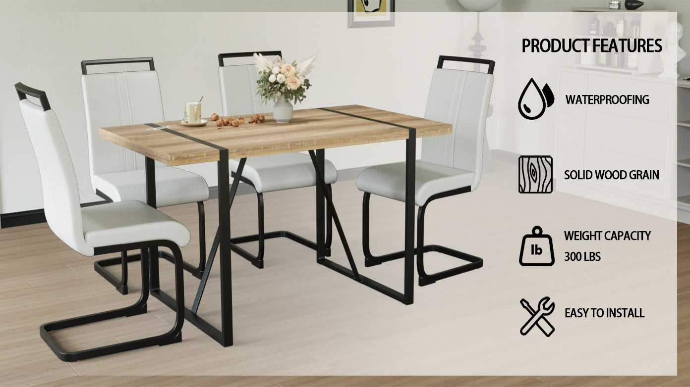 55 " Rural Industrial Rectangular Mdf Wood Dining Table Set And Pu Armless Dining Chair Set 4,Kitchen Black Metal Table Legs Dining Table And Chair Set Wood Seats 4 Mdf