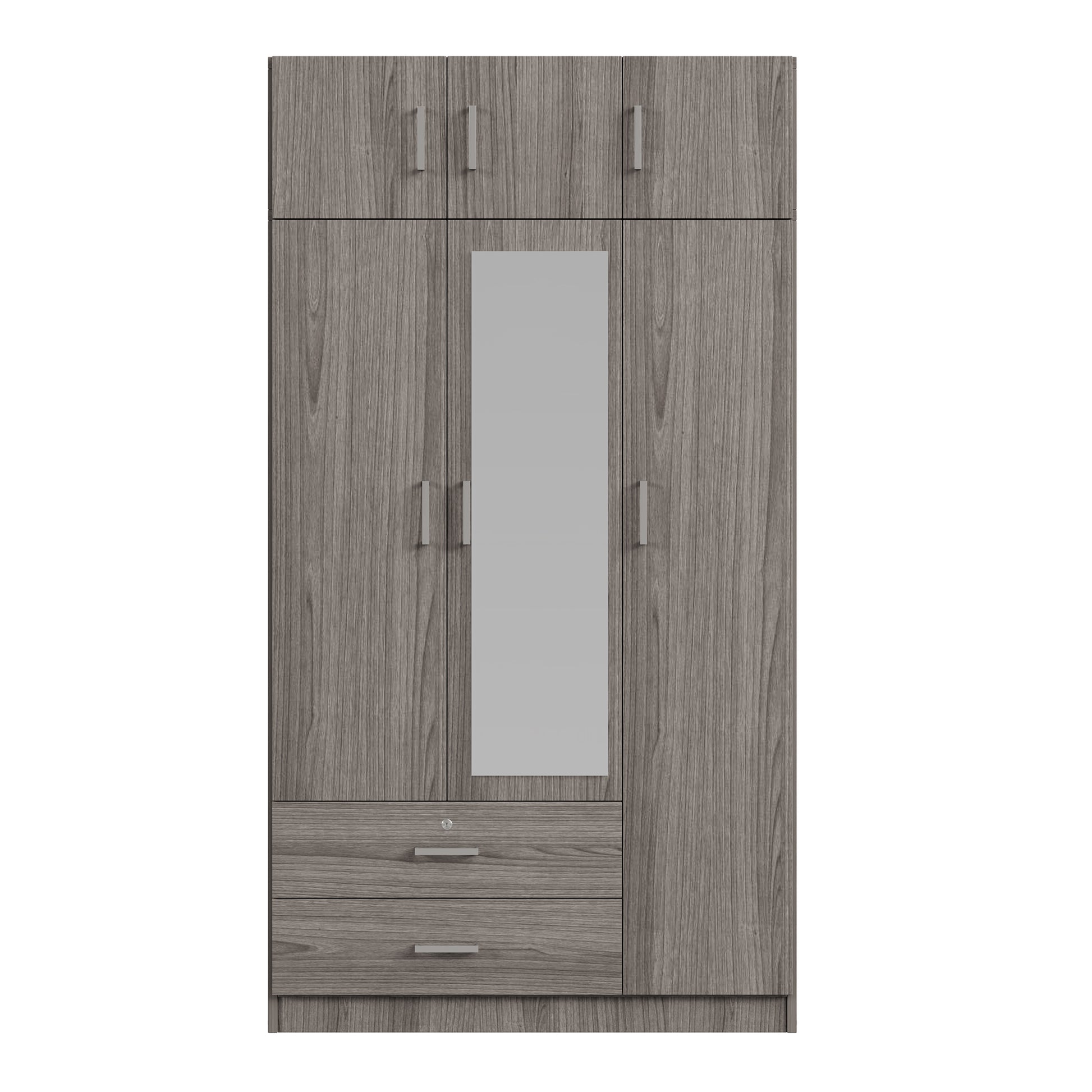 3 Door Mirror Wardrobe With 2 Drawers And Top Cabinet,Gray Gray Particle Board