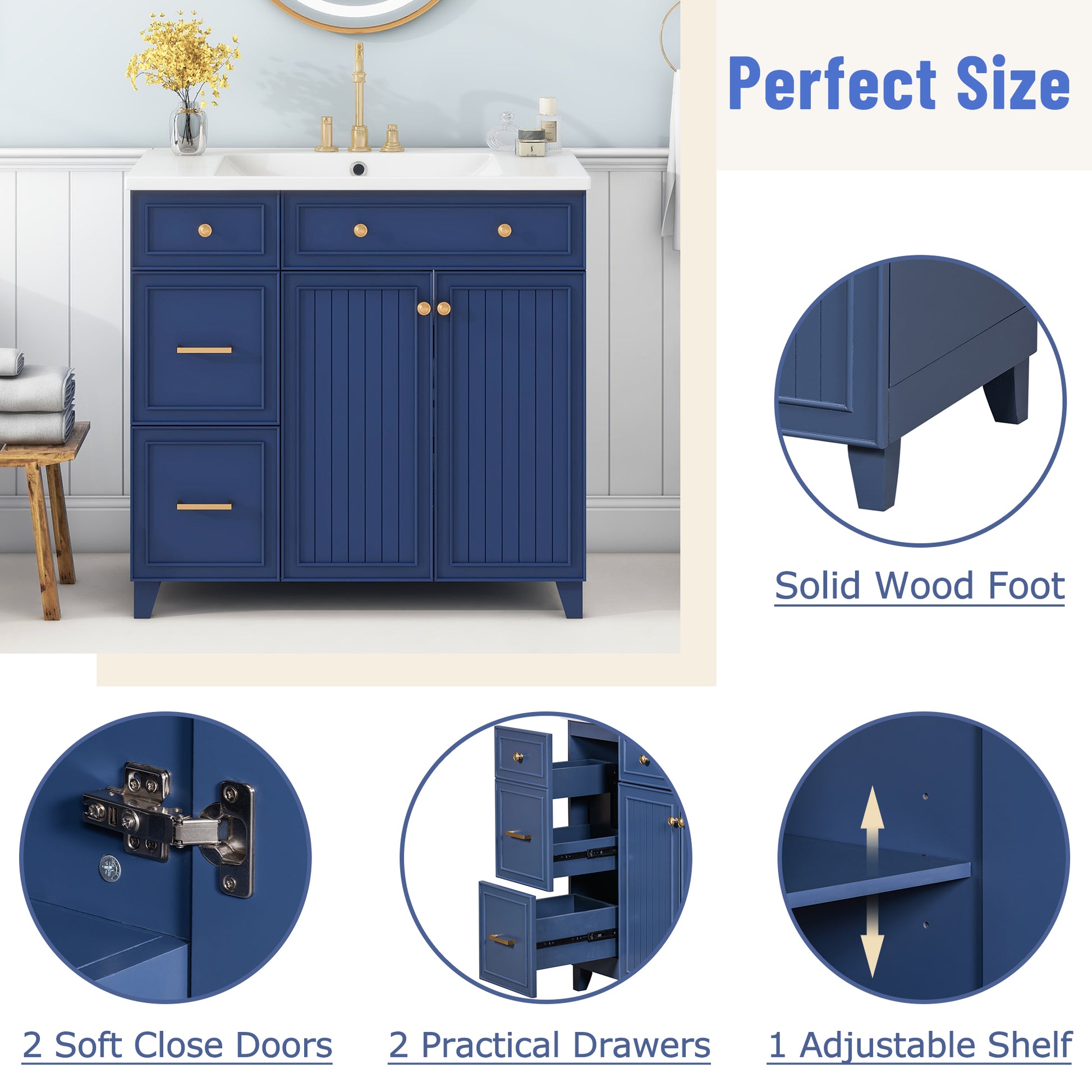 36 Inch Bathroom Vanity, Transitional Style Bathroom Cabinet With Resin Sink, Navy Blue Single Bathroom Cabinet, With 2 Drawers And 1 Adjustable Storage Shelf, 2 Soft Close Doors Navy Blue Solid Wood Mdf Resin