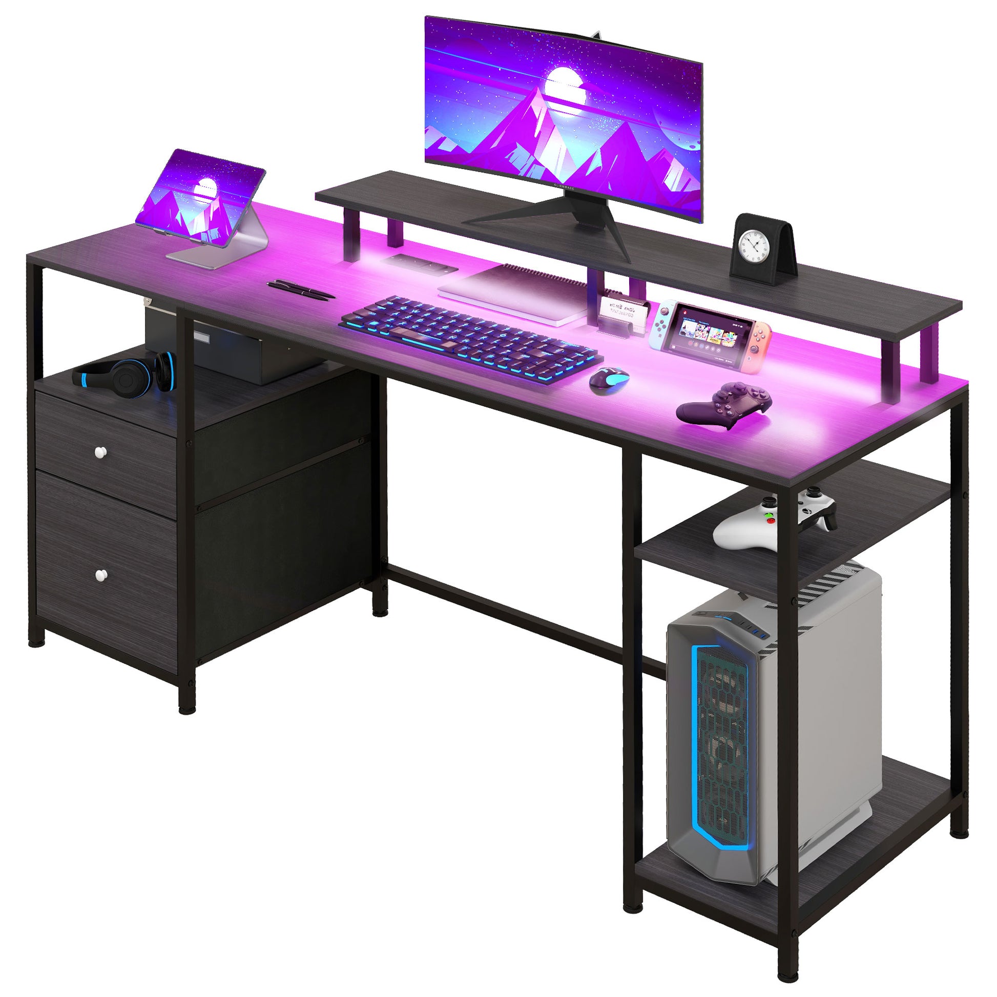 Homcom 61" Computer Desk With Led Lights, Power Outlets, And Usb Ports, Gaming Desk With Storage Shelves, Monitor Stand, Fabric Drawers & Remote For Home Office Study, Distressed Black Black Particle Board