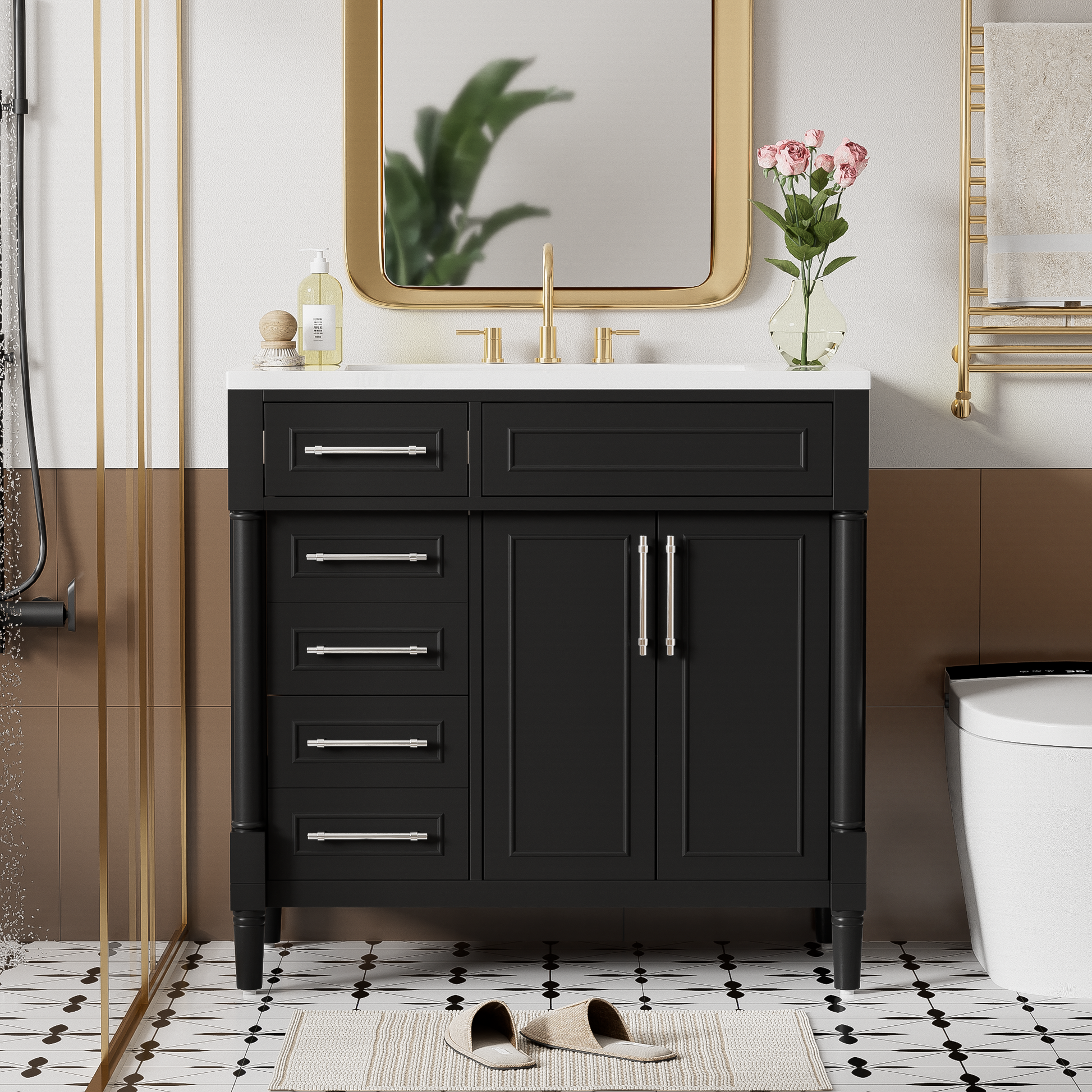36'' Bathroom Vanity With Top Resin Sink, Freestanding Bathroom Storage Cabinet With 2 Drawers And A Tip Out Drawer, Solid Wood Frame Vanity Set, Height Adjustable Shelf Black Bathroom Solid Wood
