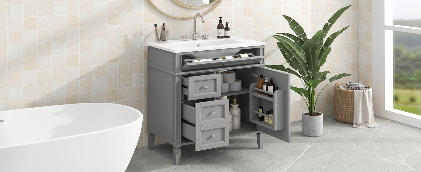 30'' Bathroom Vanity With Top Sink, Modern Bathroom Storage Cabinet With 2 Drawers And A Tip Out Drawer, Single Sink Bathroom Vanity Grey Modern Mdf Ceramic,Solid Wood Mdf
