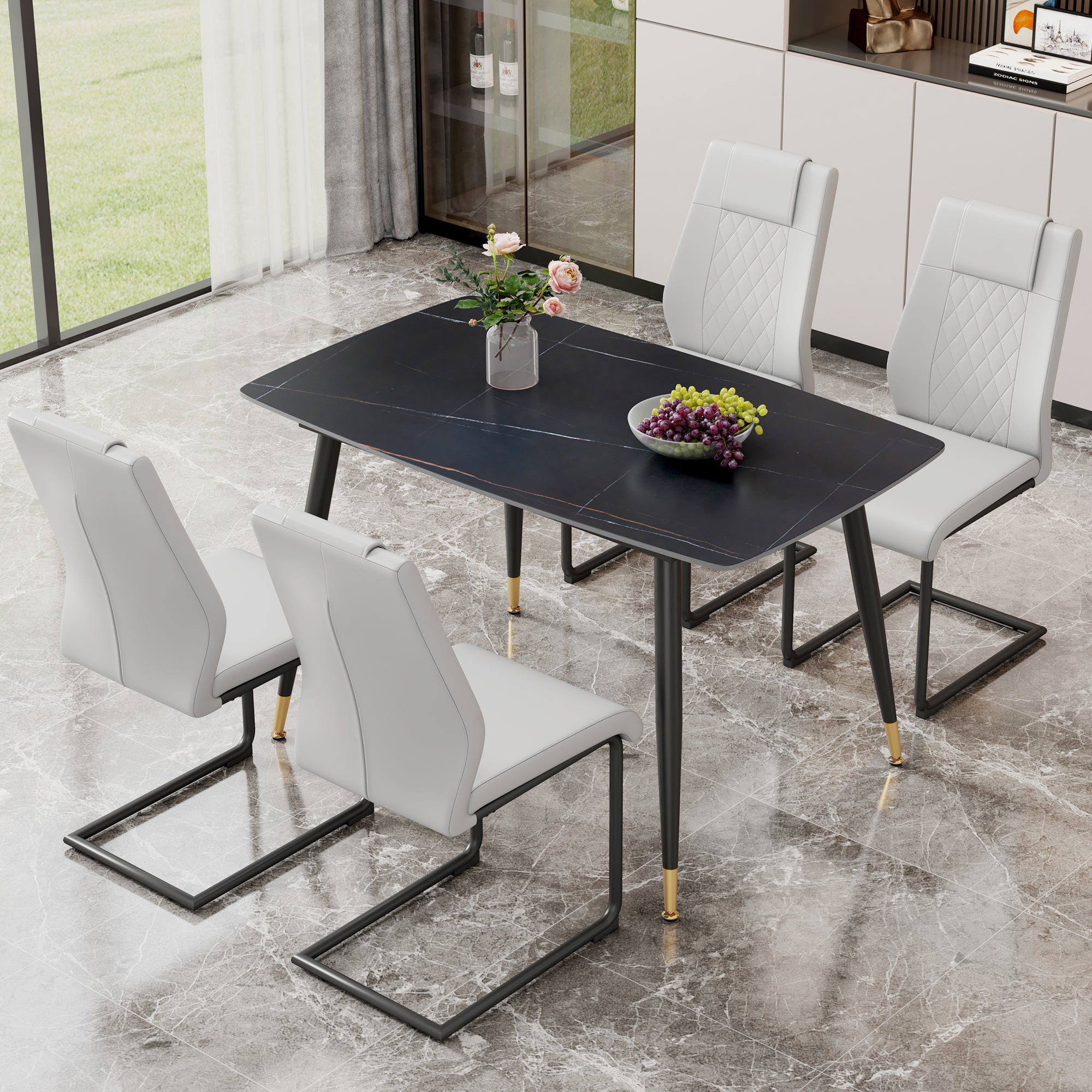 Table And Chair Set. Large Modern Rectangular Table With Black Textured Top And Black Metal Legs. Soft And Comfortable Pu Seats, Faux Leather Upholstered Seats And Sturdy Metal Legs. Grey Black Seats 4 Sintered Stone