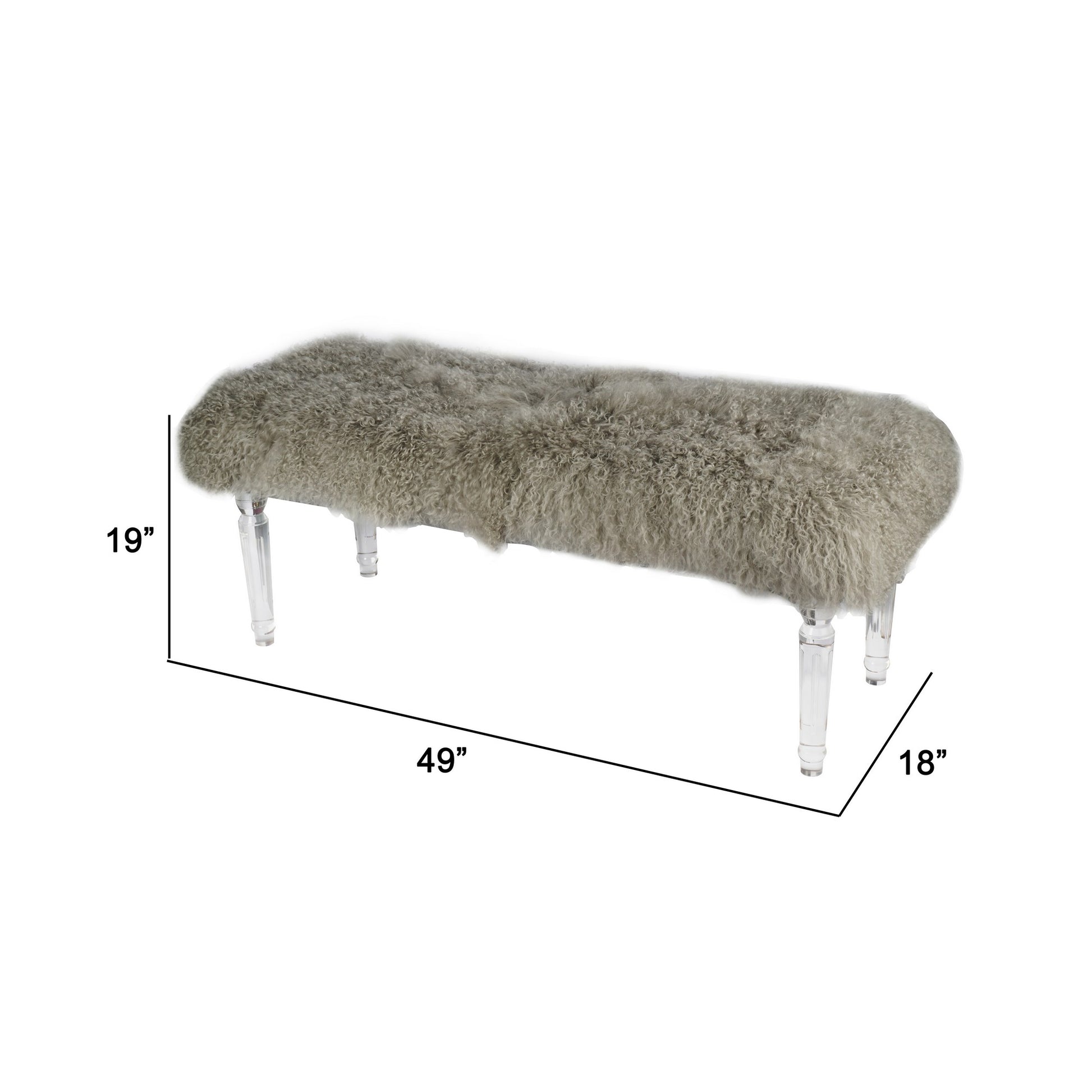 49 Inch Accent Bench, Faux Fur Seat, Clear Acrylic Legs, Smooth Rich Brown Brown Wood