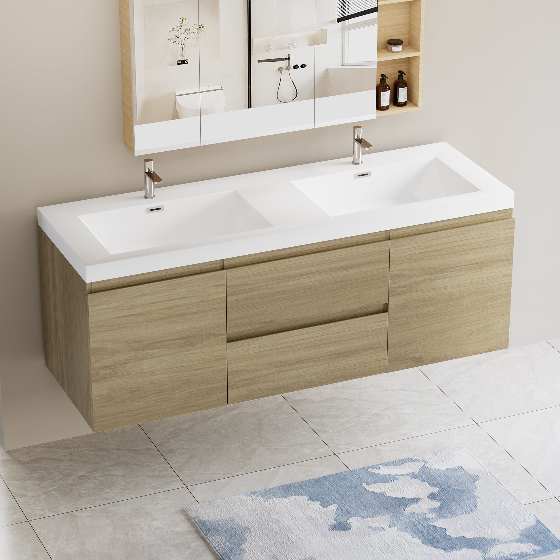 60" Floating Bathroom Vanity with Sink, Modern Wall 2-oak-2-bathroom-wall mounted-melamine