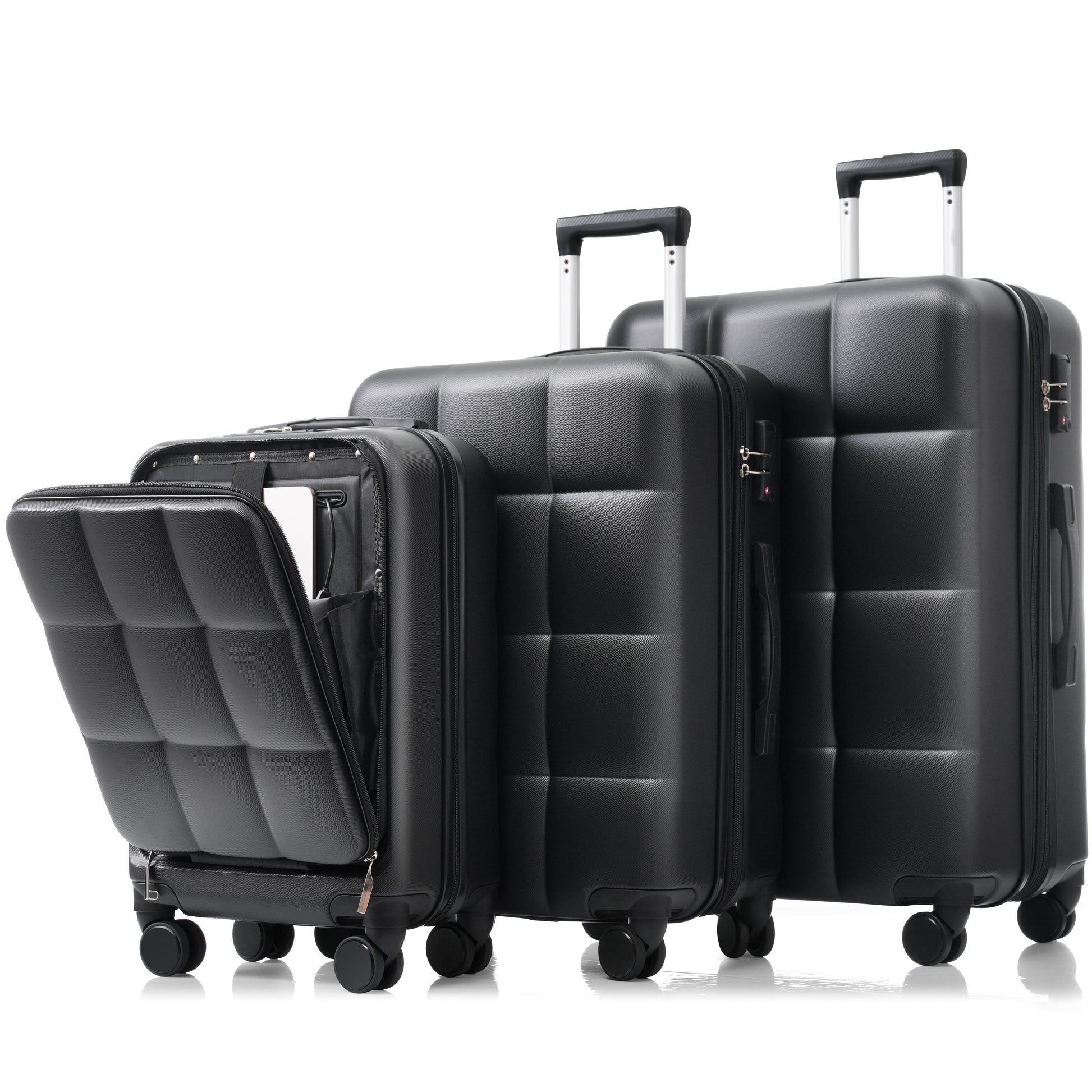 Luggage Sets 3 Piece, 20 Inch With Usb Port And Front Opening Design, Abs Hard Shell Luggage With Spinner Wheels, Cup Holder, Black And Brown Black Brown Abs