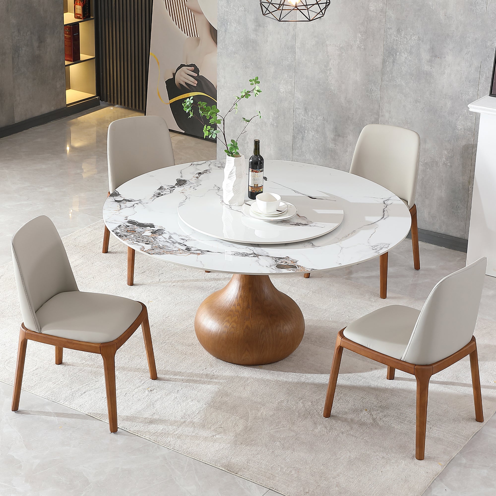 Modern Marble Dining Table, 59" Round Sintered Stone Table For Dining Room, Kitchen, Dinette, Compact Space With Lazy Susan Table Only Walnut,White Dining Room American Design,Luxury,Modern Tabeltop