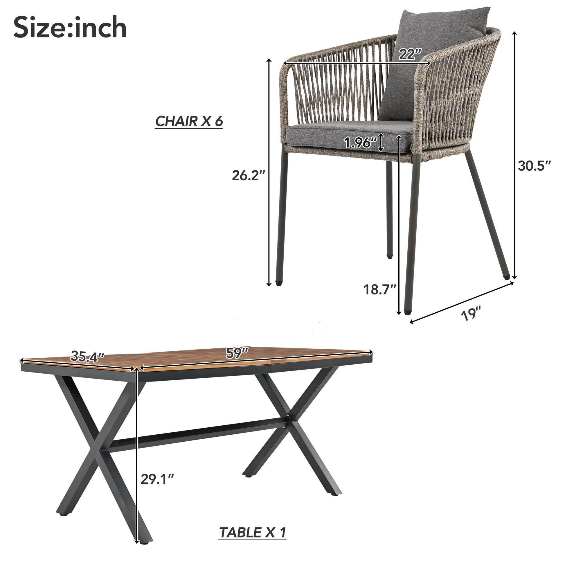 7 Pieces Patio Dining Set, All Weather Outdoor Furniture Set With Dining Table And Chairs, Acacia Wood Tabletop, Metal Frame, For For Garden, Backyard, Balcony, Grey Yes Grey Seats 6 Garden &