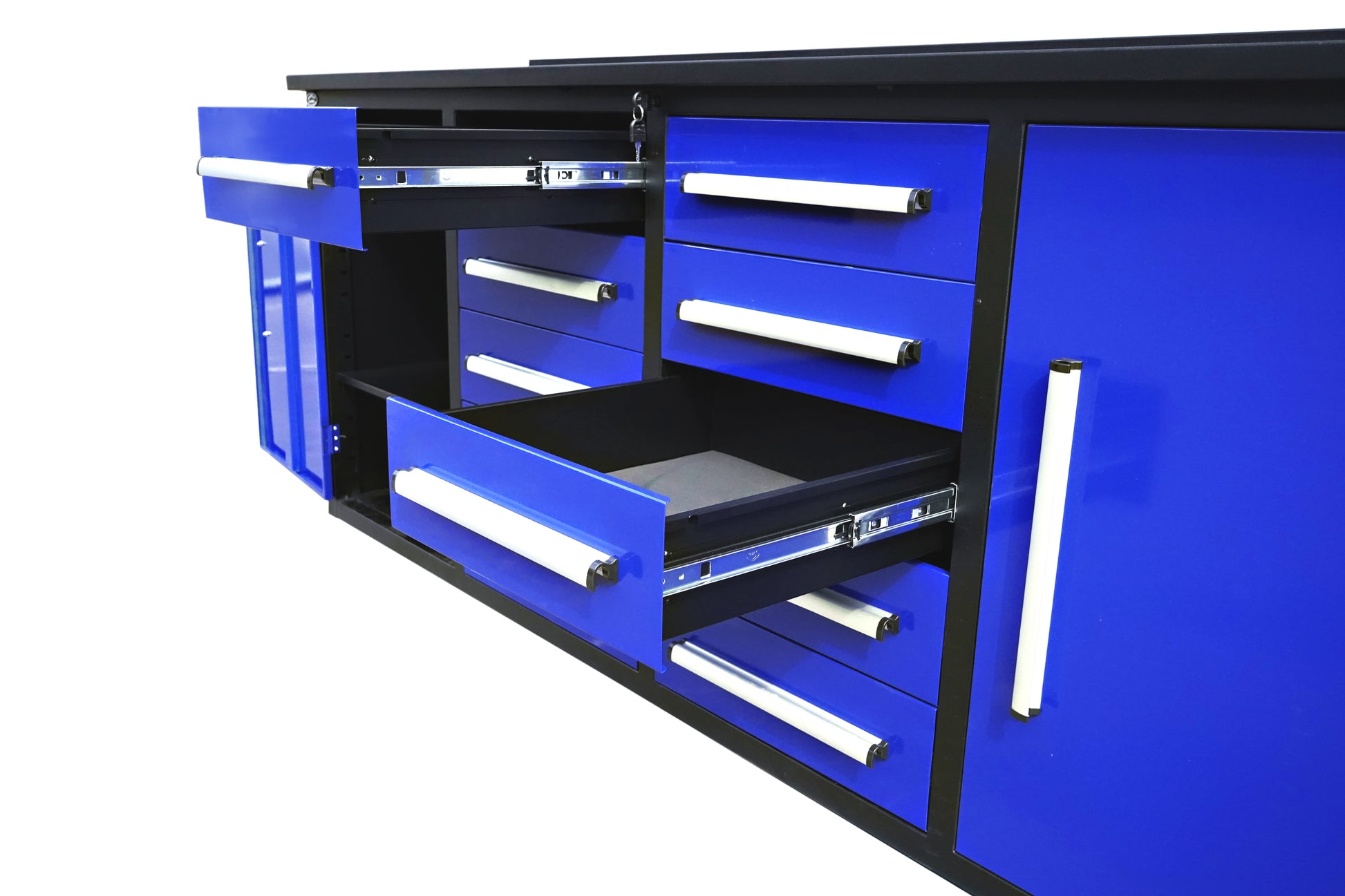 7' Storage Cabinets With Workbench 10 Drawers & 2 Cabinets Blue Steel