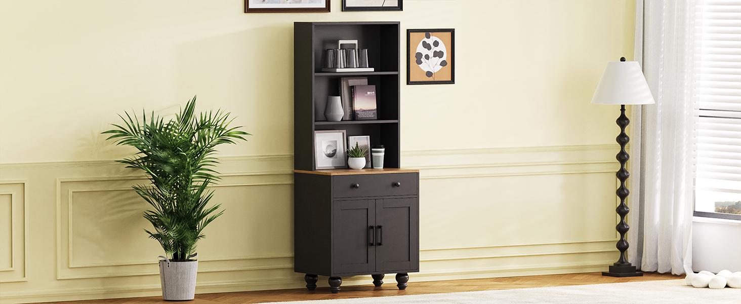 Farmhouse Storage Cabinet With 4 Solid Wood Gourd Shaped Legs, Modern Kitchen Pantry Cabinet With Adjustable Shelves, 5 Tier Bookshelf With Drawer For Living Room, Black Black Dark Walnut Primary