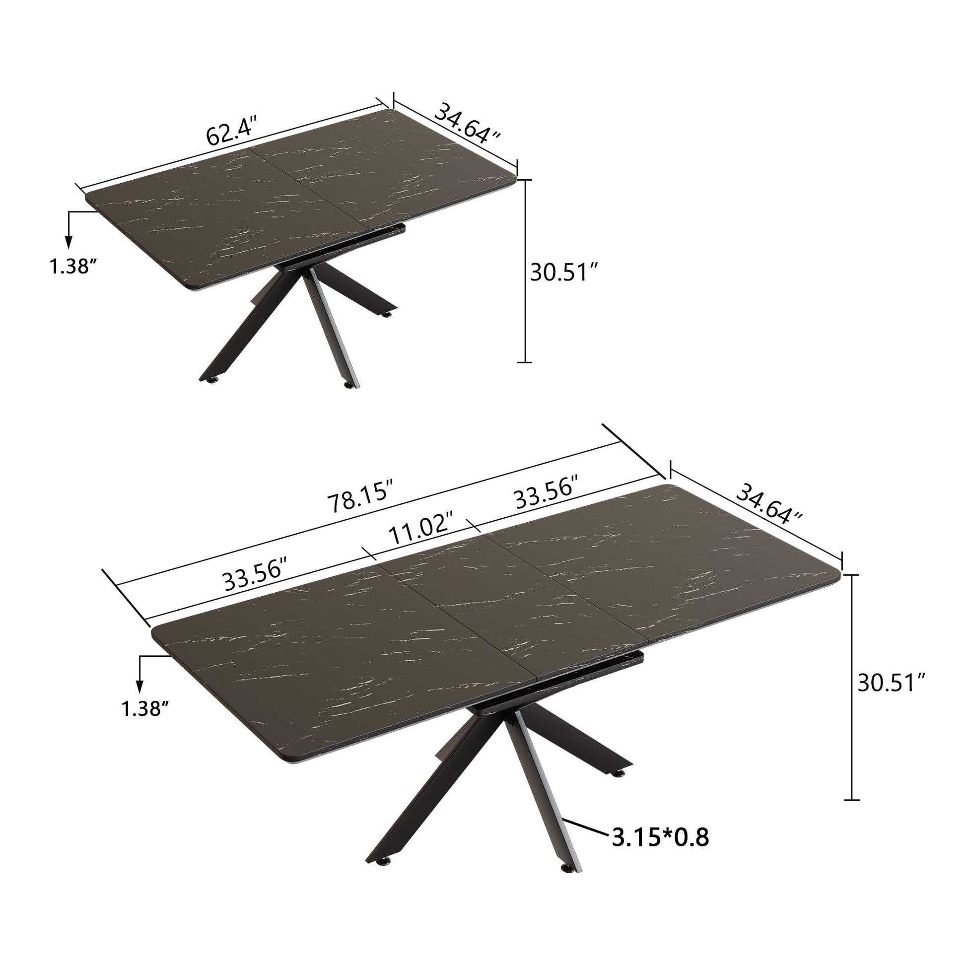 62.4" Extendable 78.15" Dining Table Set For 6 8 Person For Dining Room,C Shaped Tube Soft Padded Armless Dining Chair And Very Large Dining Room Table Kitchen Table Chair Set With Metal Legs Black