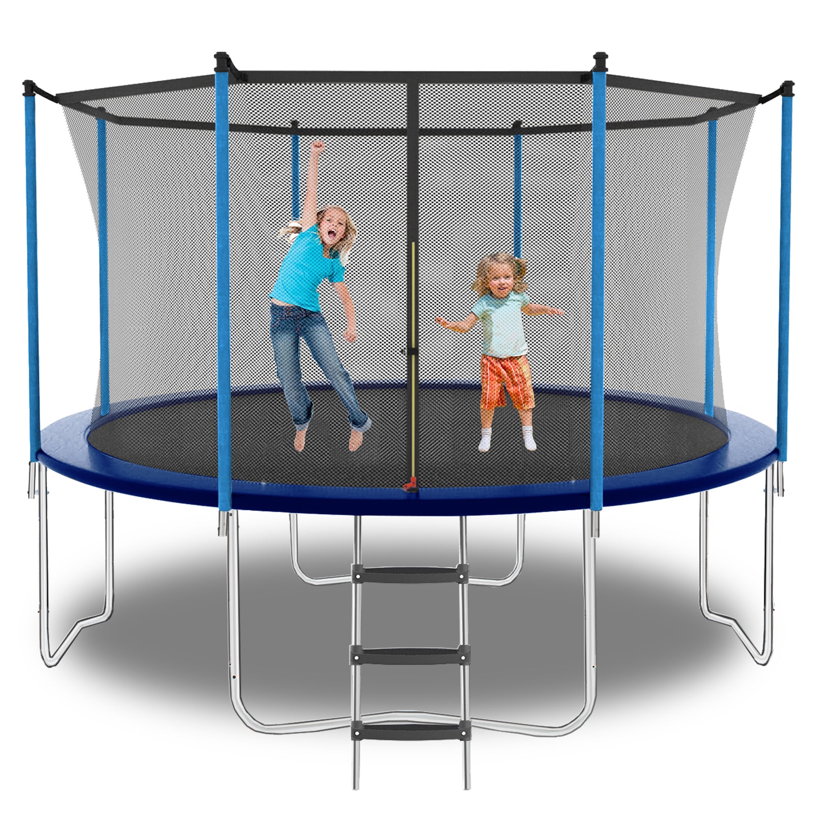 8Ft Outdoor Toddler Trampoline With Enclosure Safety Net Jumping Fun Trampoline, Heavy Duty Jump Pads, Spring Loaded For Children And Adults, Gifts For Boys Girls Blue Garden & Outdoor Iron