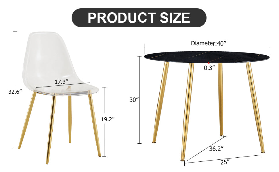 1 Table And 4 Chairs, A Modern Minimalist Circular Dining Table With A 40 Inch Black Imitation Marble Tabletop And Gold Plated Metal Legs, And 4 Modern Gold Plated Metal Leg Chairs. Black Gold Seats 4 Glass