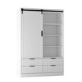 Tall Bedroom Armoire Wardrobe Closet Clothing Storage Cabinet With Hanging Rod Barn Door Drawers Open Shelves,White White Mdf