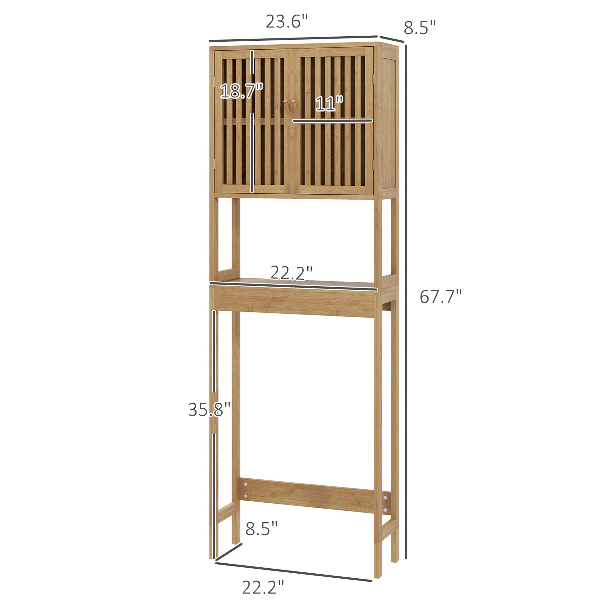 Homcom Bamboo Over The Toilet Storage Cabinet, Over Toilet Bathroom Organizer With Slatted Doors, Adjustable Shelf And Open Shelf, Natural Natural Wood Bamboo