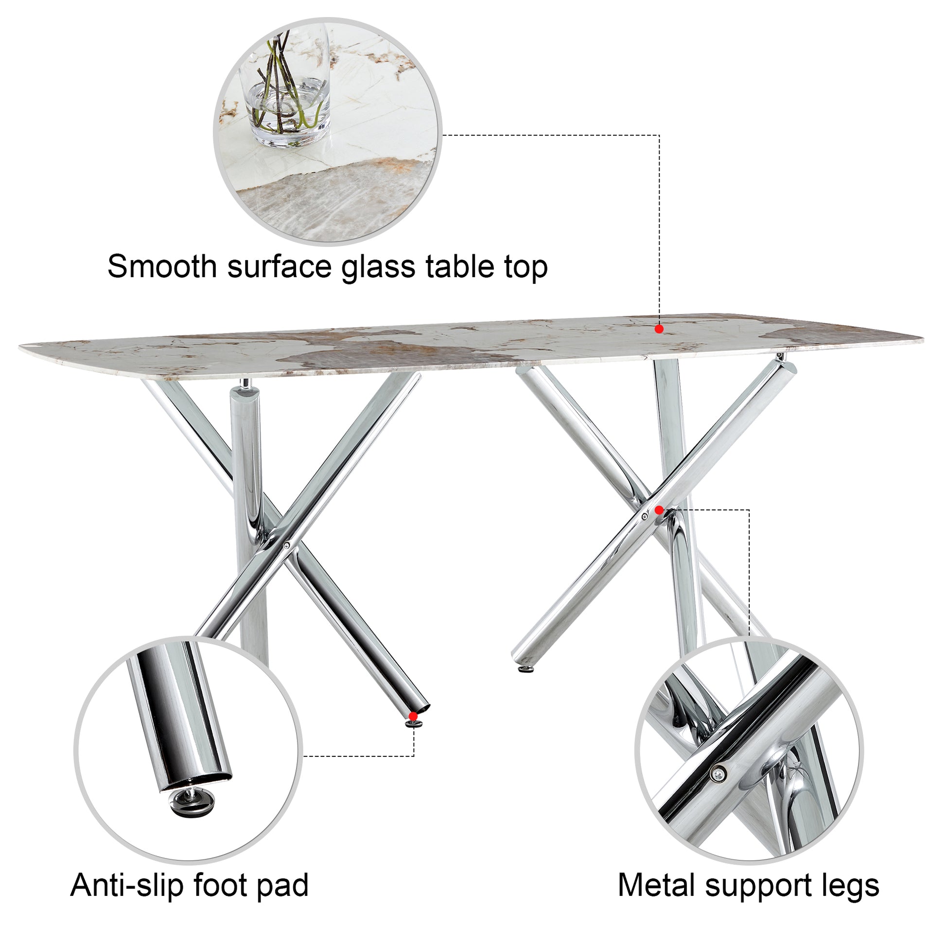 Table And Chair Set.A Rectangular Dining Table Suitable For 4 8 People, Equipped With A Marble Patterned Glass Tabletop And Metal Legs.8 Chairs With Faux Leather Upholstered Seats And Silver Legs. Black Silver Seats 8 Glass Metal