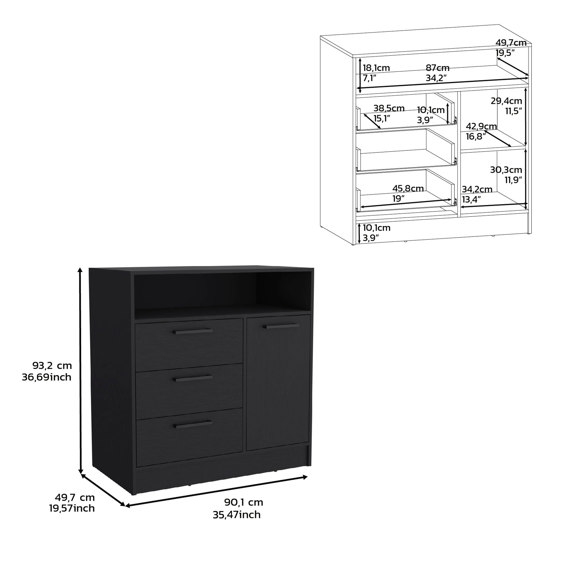 Dresser With Spacious 3 Drawer And Single Door Storage Cabinet, Black Black Solid Wood Mdf Engineered Wood