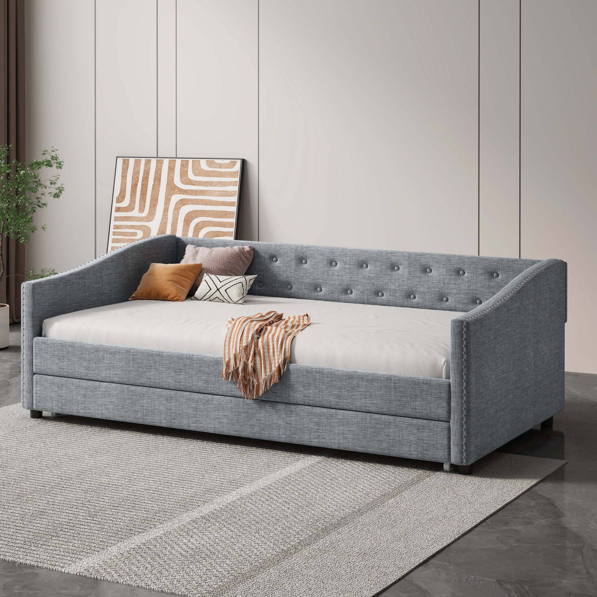 Twin Size Daybed With Twin Size Trundle Upholstered Tufted Sofa Bed, With Button On Back And Copper Nail On Waved Shape Arms Light Grey Twin Light Grey Wood Fabric