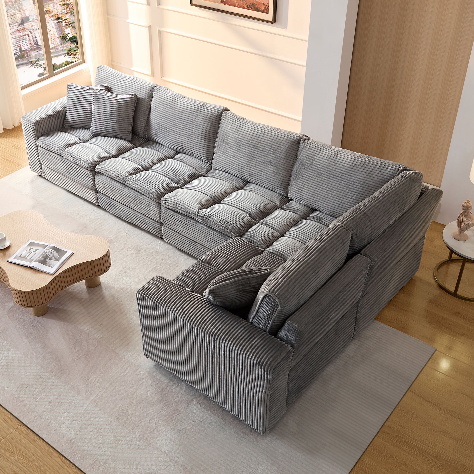 5 Seats,Oversized Sectional Sofa,L Shaped Corner Couch With Detachable Seat & Back Cushion, Corduroy Upholstery Convertible Sleeper Sofa&Couch For Living Room Grey Fabric 5 Seat