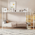 Twin Over Full Metal Bunk Bed With Wire Shelving And Lateral Storage Ladder And Wardrobe, White White Metal