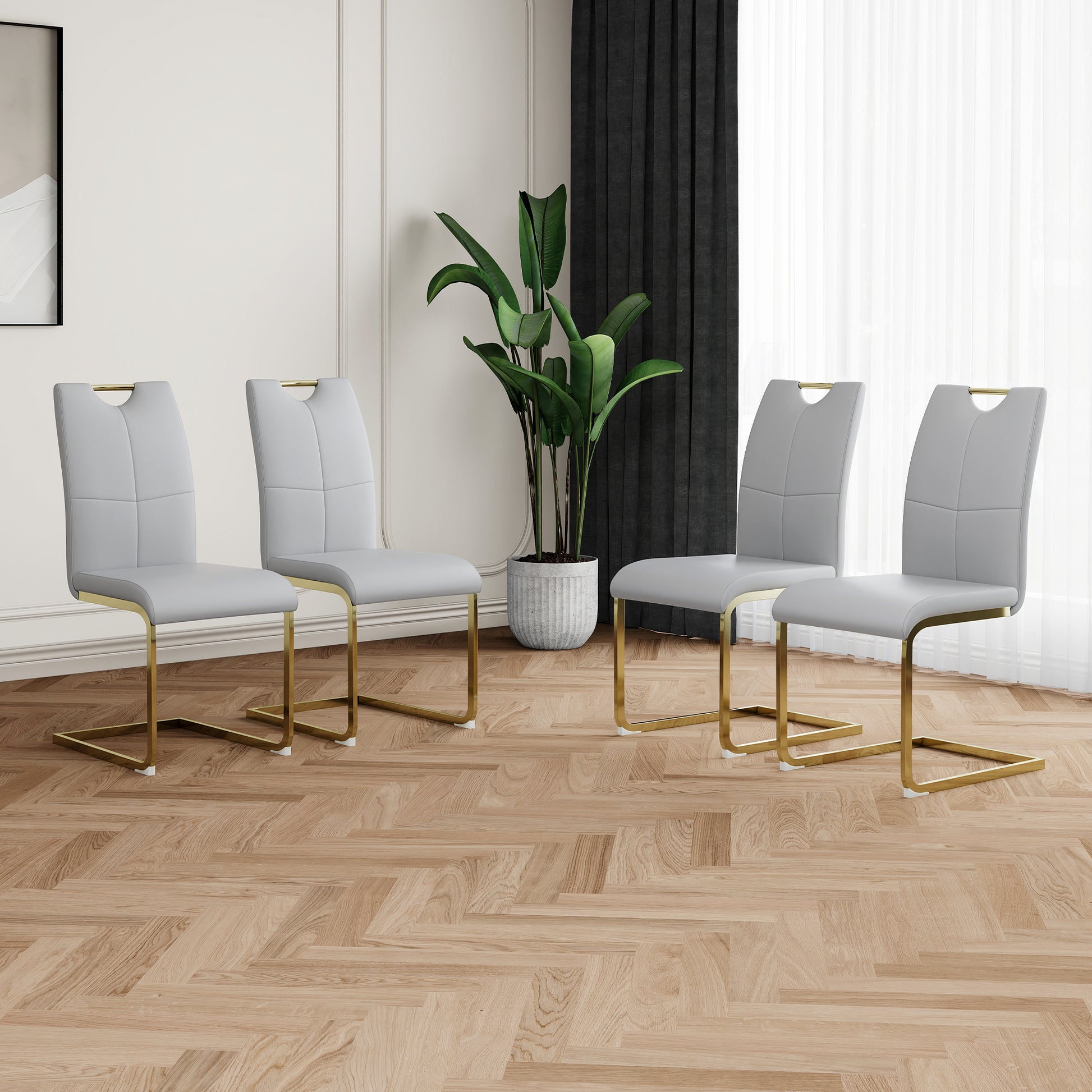 Modern Dining Chairs With Faux Leather Padded Seat Dining Living Room Chairs Upholstered Chair With Gold Metal Legs Design For Kitchen, Living, Bedroom, Dining Room Side Chairs Set Of 4 Grey Gold Metal