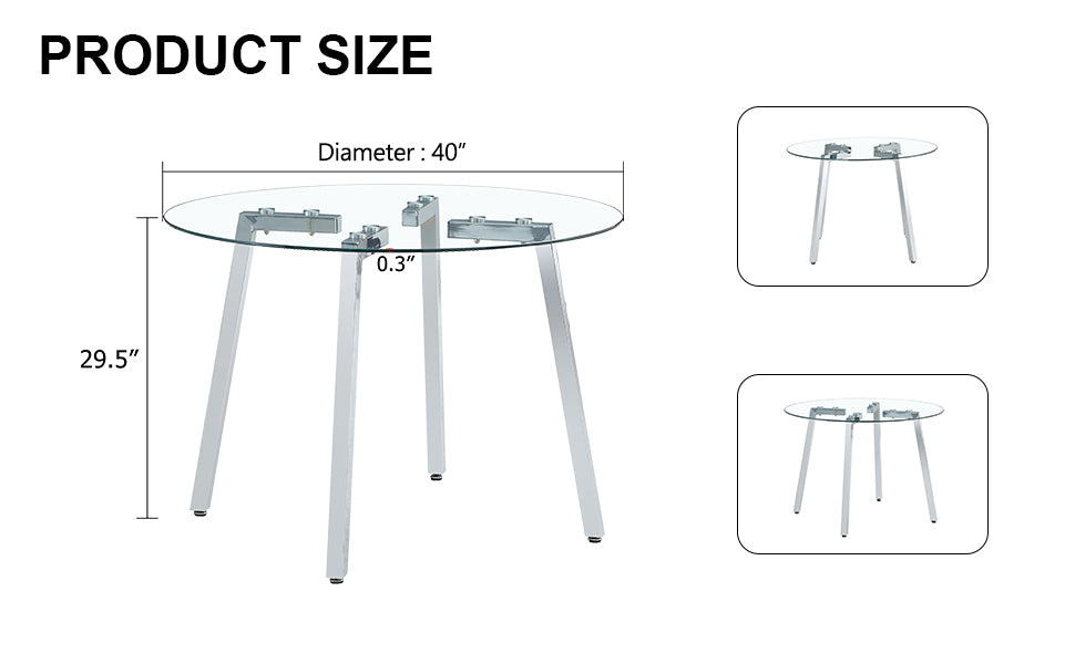 Modern Minimalist Style Circular Transparent Tempered Glass Table, Tempered Glass Tabletop, Silver Metal Table Legs, Suitable For Kitchen, Dining Room, And Living Room, 40 "* 40" * 29.5 "1123R Transparent Glass