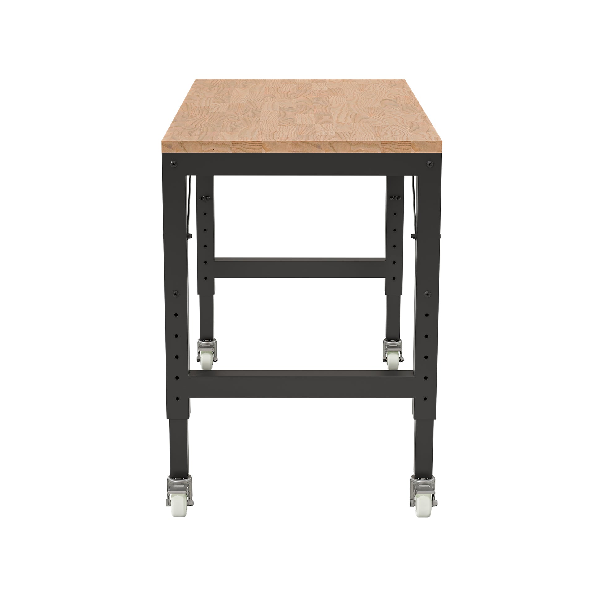 48" Heavy Duty Adjustable Workbench For Garage, Rubber Wood Shop Table W Metal Wheels, Hardwood Workstation Weight Capacity Over 2000 Lbs With Wheels Black Metal & Wood