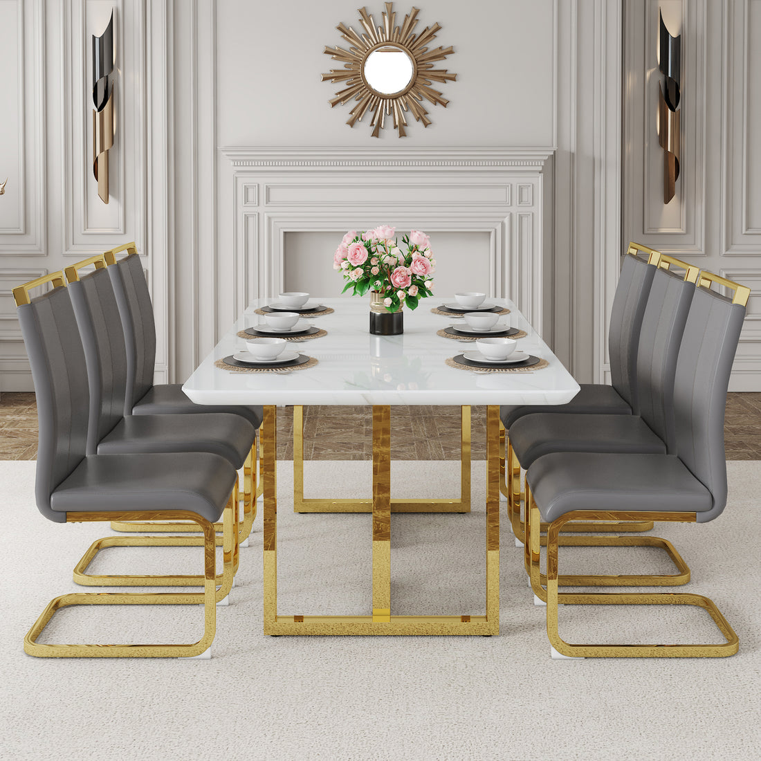 Table And Chair Set.67"X36" White Marble Pattern Mdf Dining Table Set With 6 Dark Gray Pu Chairs.Mdf Sticker,White Marble Pattern Sticker,Gold C Tube Chair Legs,Suitable For Kitchen,Dining Room,Etc.