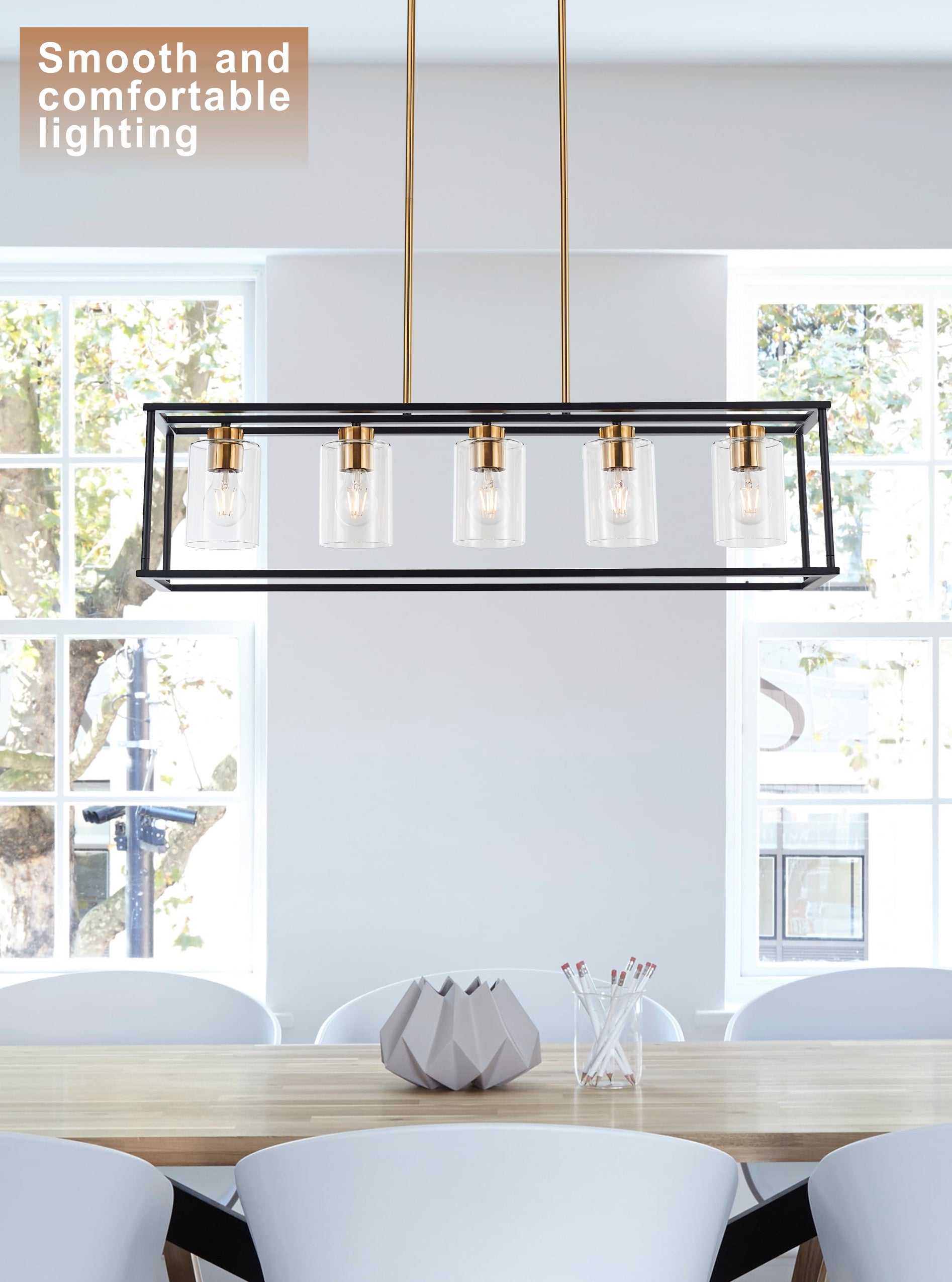 5 Lights Industrial Farmhouse Style Hanging Decorative Rectangle Pendant Lights, Black Antique Brass With Clear Glass Shade, Dining Room Kitchen Island Chandelier Antique Brass,Matte Black Ceiling