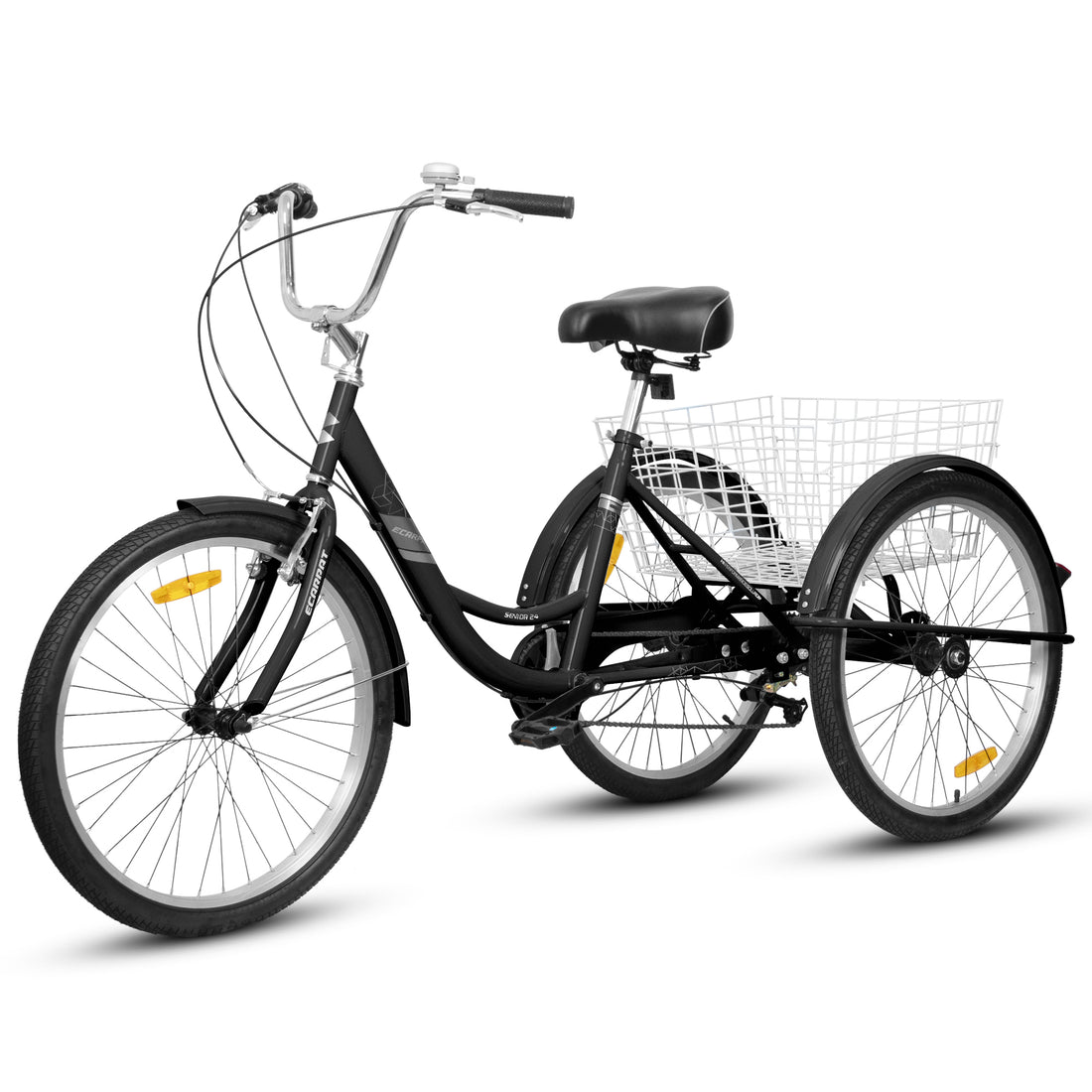 Adult Tricycles 7 Speed, Adult Trikes 24 Inch 3 Wheel Bikes, Three Wheeled Bicycles Cruise Trike With Shopping Basket For Seniors, Women, Men Black Carbon Steel