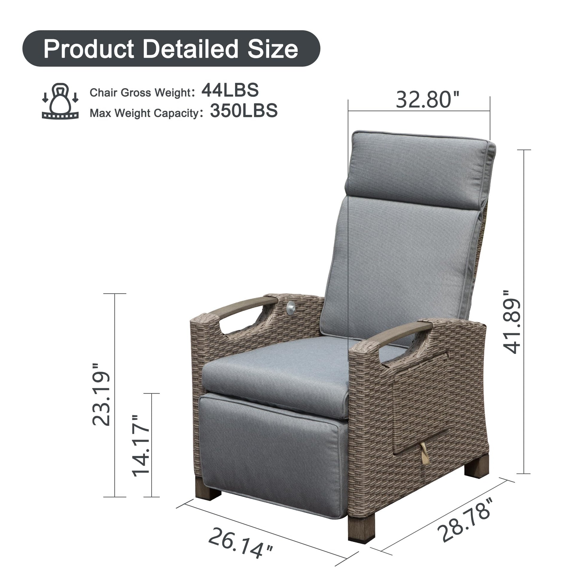Outdoor Recliner Chair, Patio Recliner With Hand Woven Wicker, Flip Table Push Back, Adjustable Angle, 6.8'' Thickness Cushions, Reclining Lounge Chair For Indoor And Outdoor, Gray Yes Gray Garden & Outdoor Steel Rattan