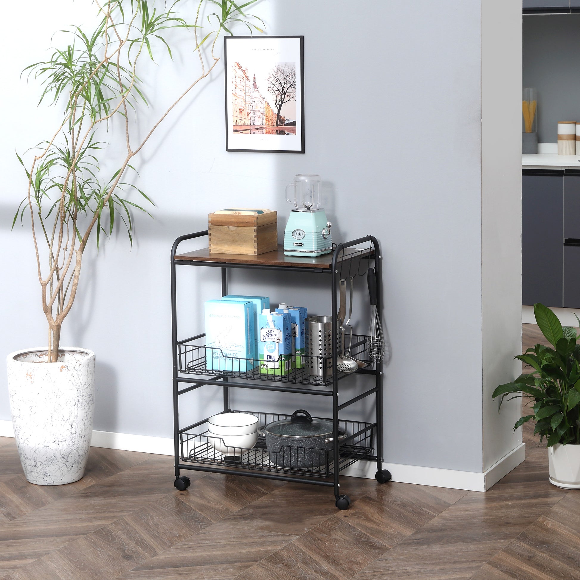 Homcom 3 Tier Rolling Kitchen Cart With Storage, Kitchen Island Cart On Wheels With 2 Sliding Fruit Basket, Microwave Cart With Side Hooks For Dining Room, Walnut Walnut Mdf Metal