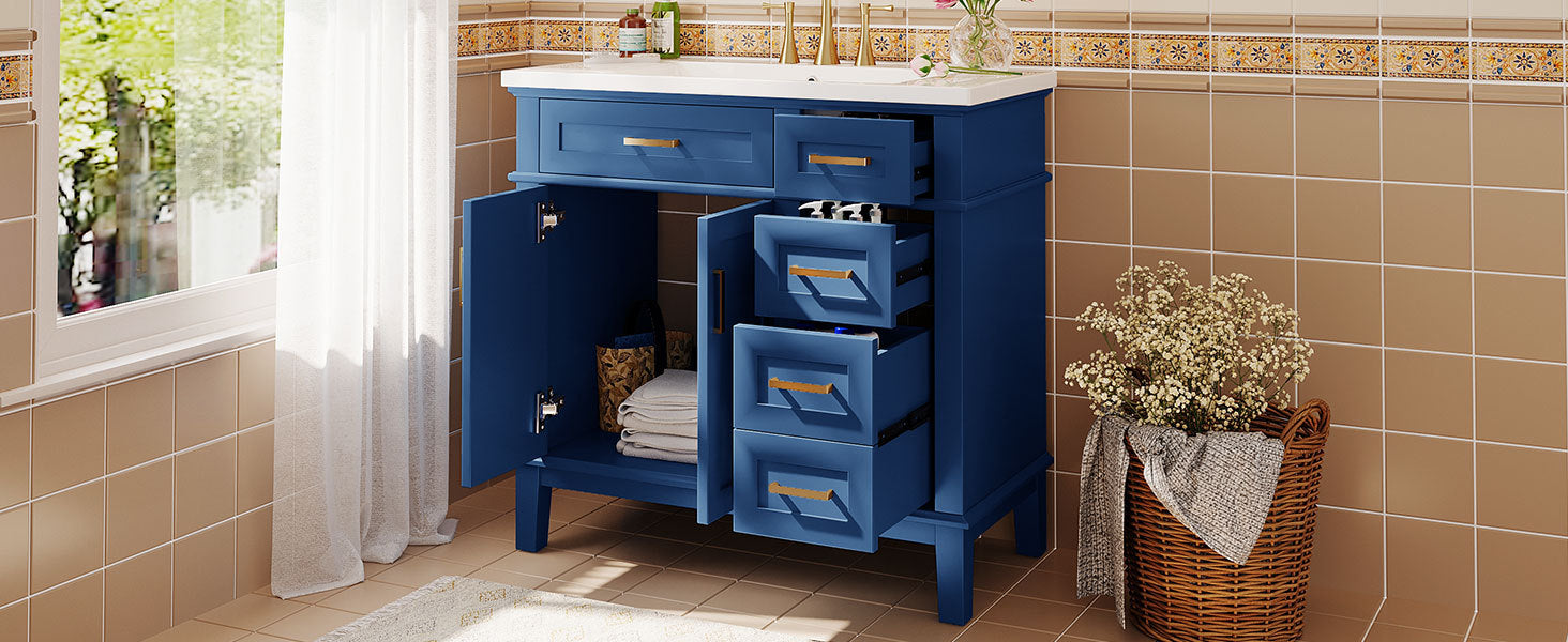 36 Inch Bathroom Vanity With Resin Sink, Modern Bathroom Cabinet In Blue, Featuring Two Soft Close Doors And Four Drawers Blue Bathroom Solid Wood Mdf Resin