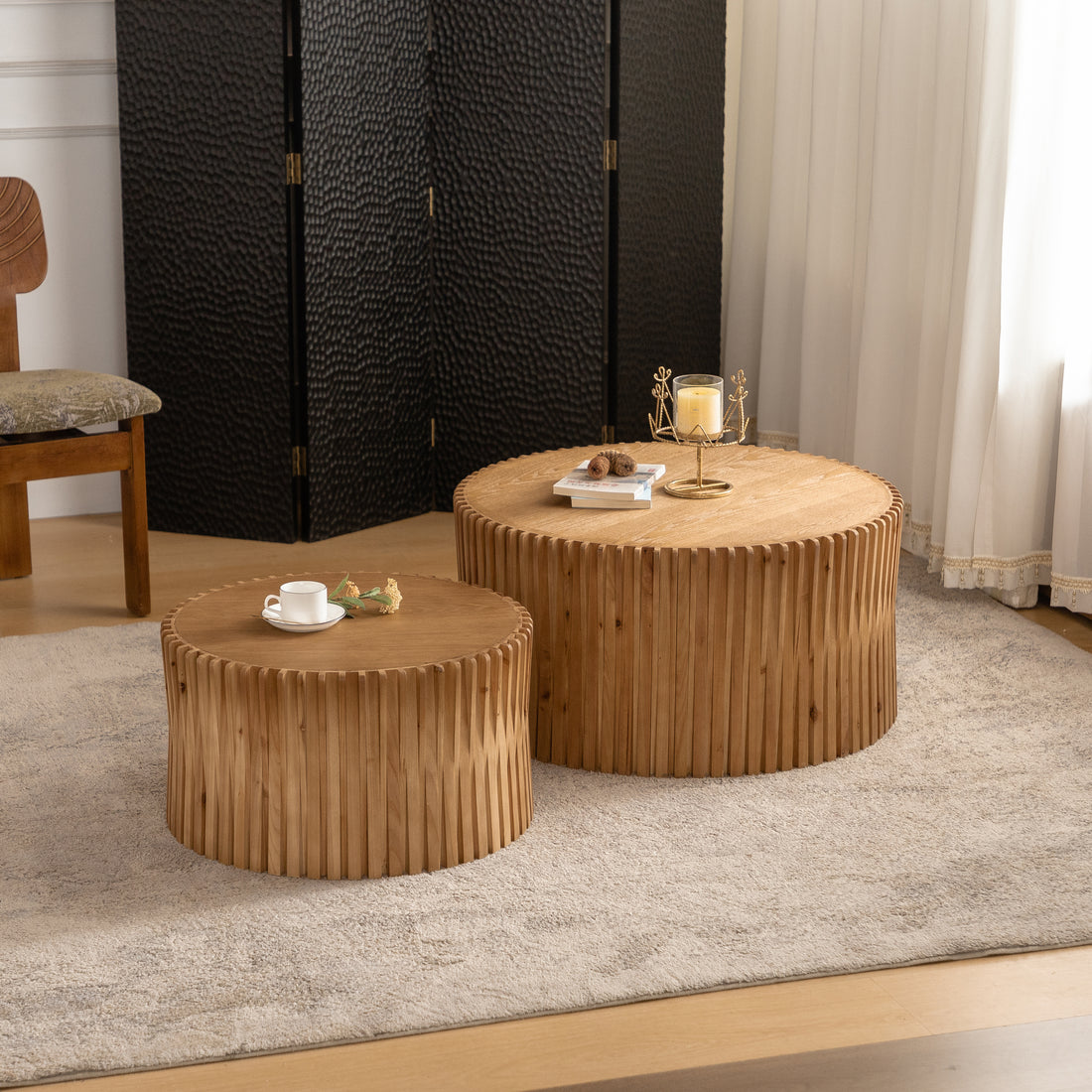 Vintage Fashion Style Cylindrical Nesting Coffee Table Set With Vertical Textured Embossed Design For Living Room, Office And Dining Room, Natural Set Of 2 Natural Mdf