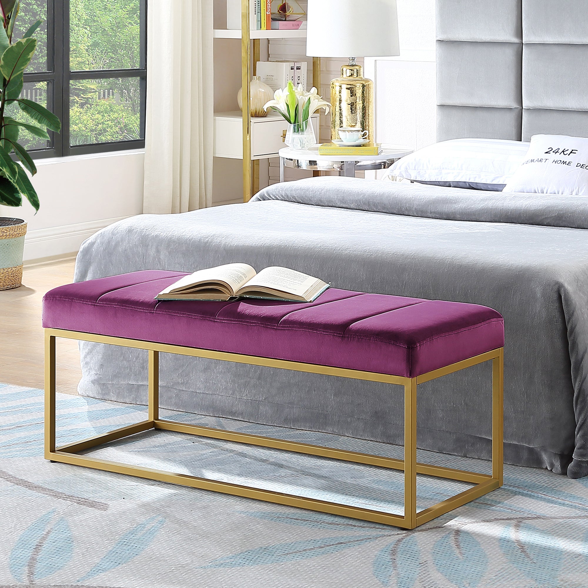Modern Tufted Channel Entryway Bench Emerald Velvet Upholstered End Of