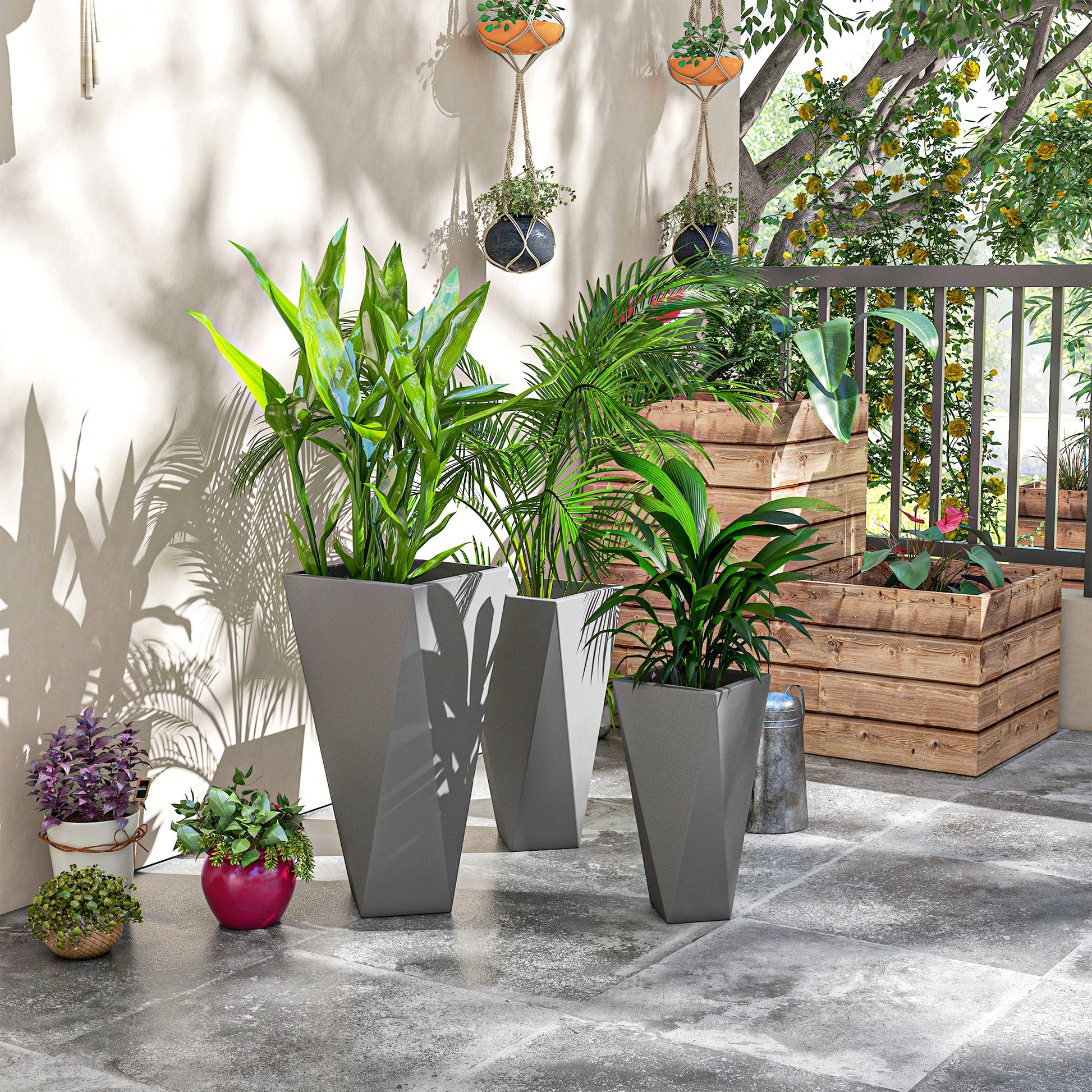 Outsunny Set Of 3 Tall Planters, 28.75", 24.5", 20.5", Mgo Indoor Outdoor Planters With Drainage Holes, Stackable Flower Pots For Garden, Patio, Balcony, Front Door, Gray Gray Magnesium Oxide