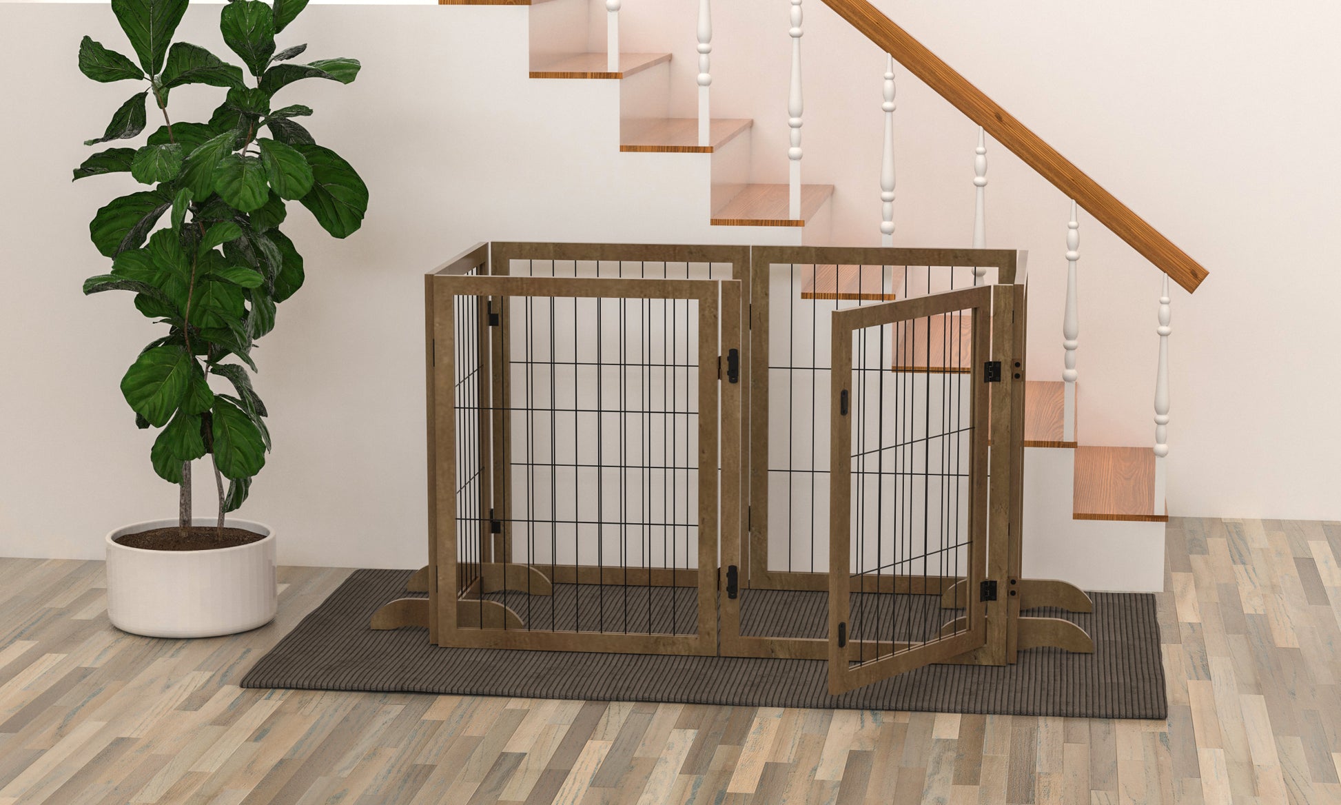 Dog Gate With Door Pet Dog Fence Barrier 6 Panels 144 Inch Wide 32 Inch Tall Foldable Multiple Shapes Freestanding With Support Feet Indoor Use For House Doorway Stairs Plant Stand Brown Pet Barrier Medium 26 40 Lbs Solid Wood