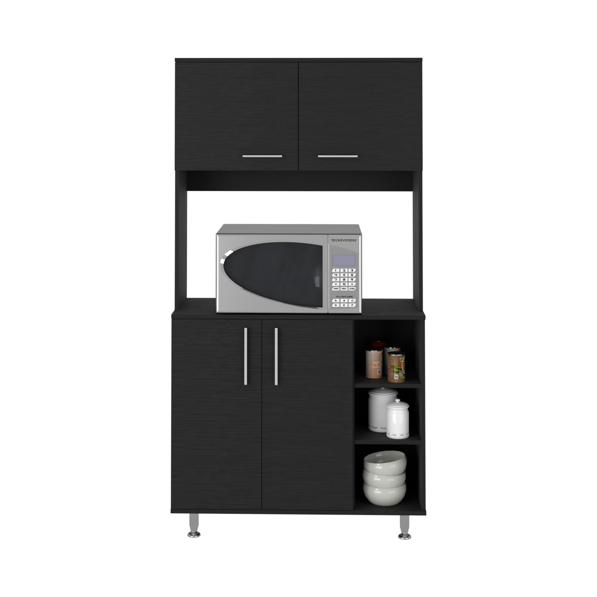 Kitchen Pantry Double Door Cabinet, Four Legs, Three Shelves, Black Black Solid Wood Mdf Engineered Wood