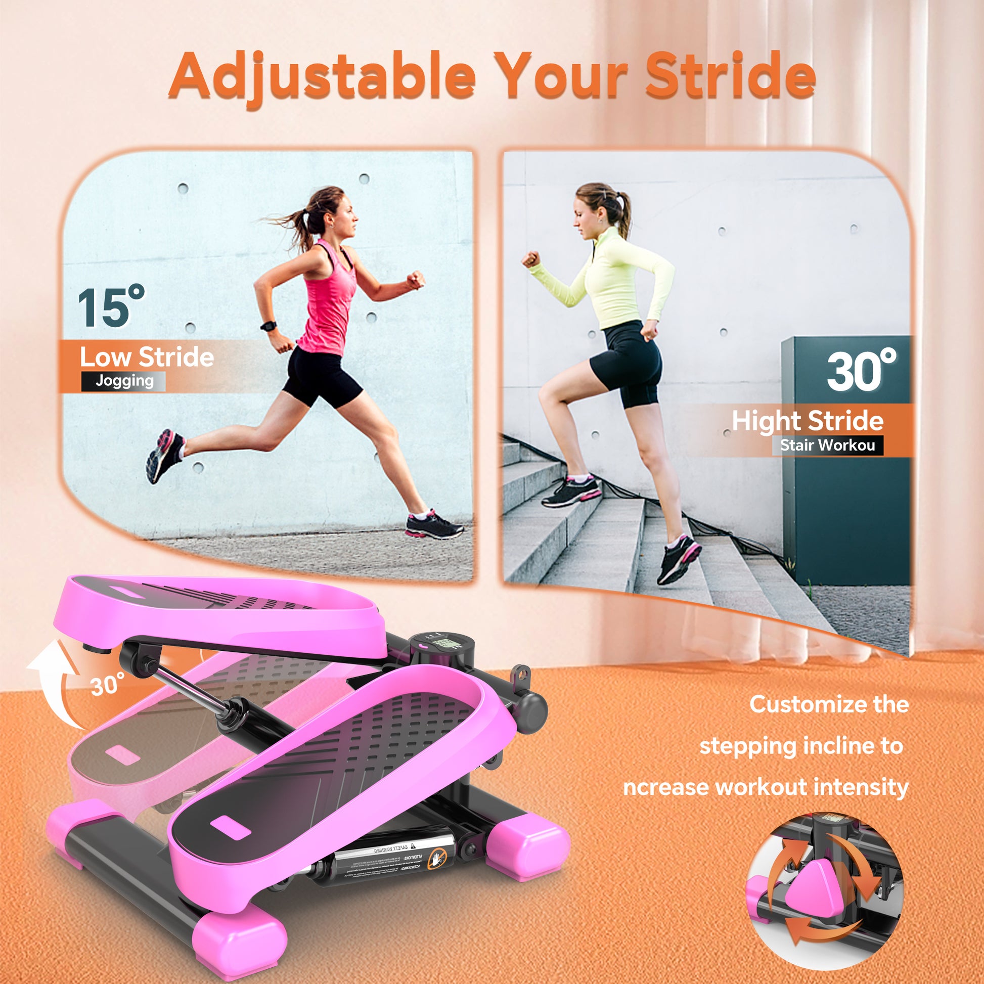 Home Office Exercise 330Lbs Capacity Mini Stepper With Resistance Bands And Lcd Monitor Pink Black Steel