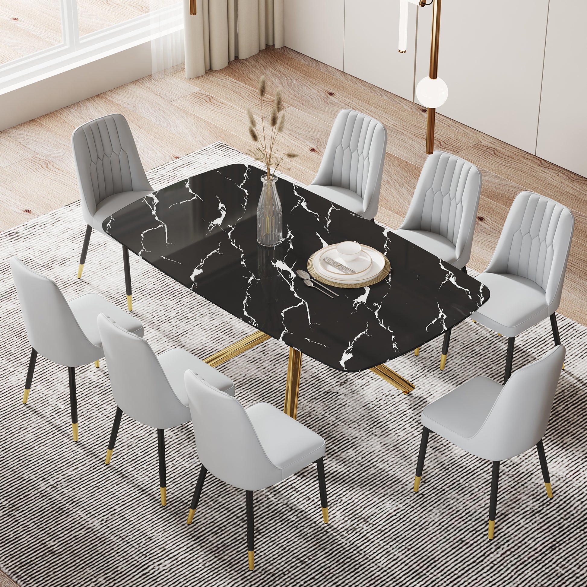Large modern minimalist rectangular dining table with black+gold-glass+metal