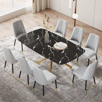 Large Modern Minimalist Rectangular Dining Table With 0.39 "Imitation Marble Black Tabletop And Golden Metal Legs, Paired With Chairs With Pu Cushions And Black Metal Legs. F 1537 C 007 Black Gold Glass Metal