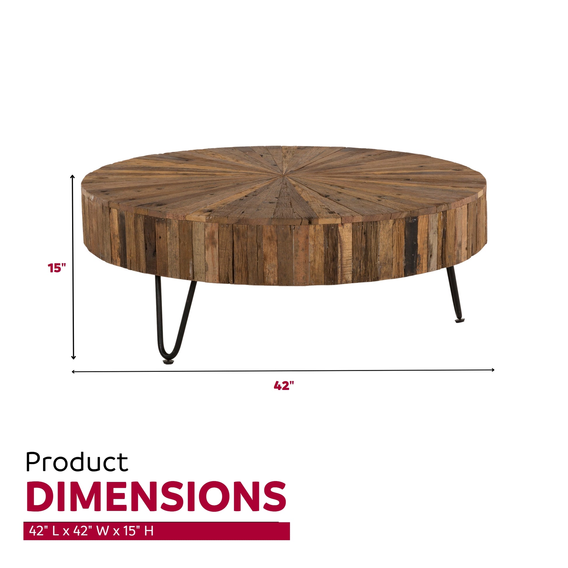 42 In. Round Handcrafted Reclaimed Wood Coffee Table, Modern Living Room Sofa Table With Metal Legs, Brown Black Black Brown Brown Primary Living Space Modern Coffee & End Tables Round Wood Metal