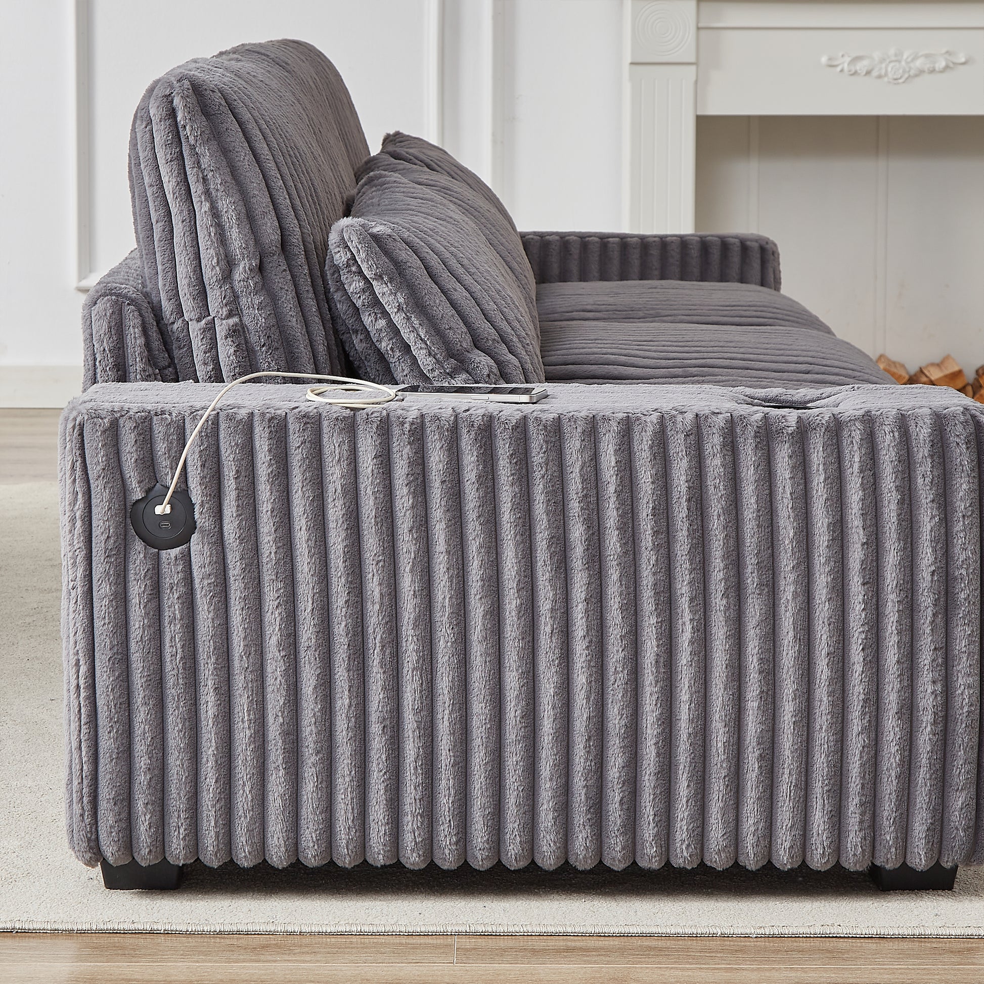 128 Inch Corduroy With Cup Holder Super Large L Shaped Sofa, Movable Footrest, Four Waist Pillows And Four Back Cushion, With Usb Port And T Pyce Port Grey Corduroy 4 Seat