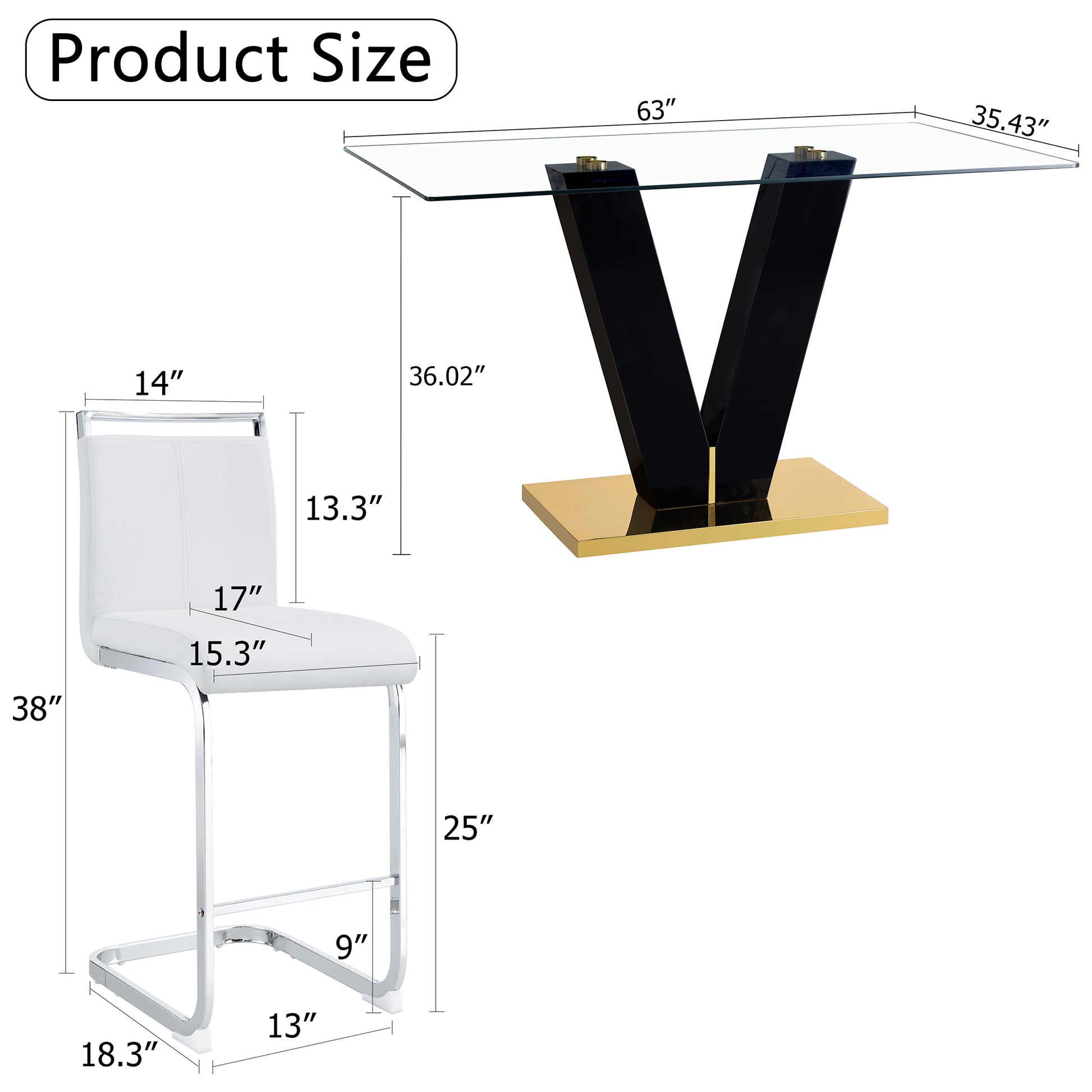 Table And Chair Set. A Rectangular Glass Dining Table With A 0.4 Inch Tempered Glass Tabletop And Mdf Board V Shaped Bracket, Paired With 2 Chairs Consisting Of Pu Seat Cushions And Silver Metal Legs. White Black Seats 2 Tempered Glass