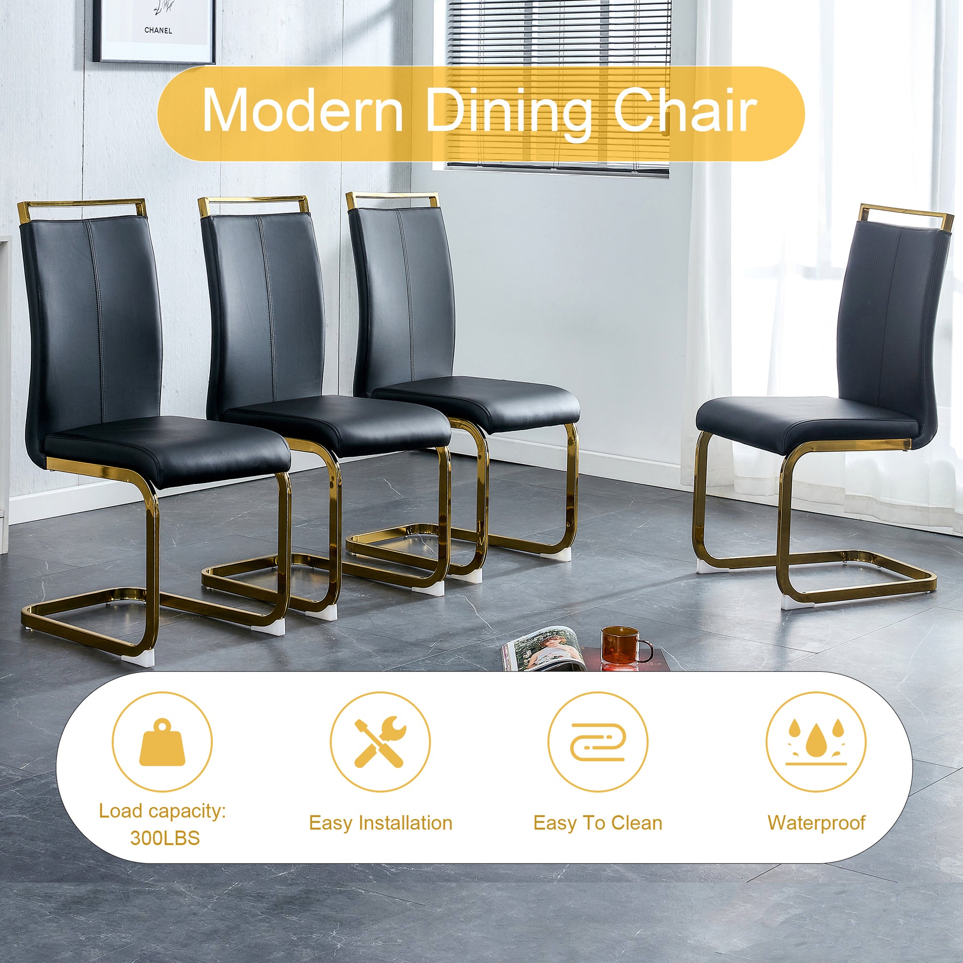 Table And Chair Set.67"X36" White Marble Pattern Mdf Dining Table Set With 6 Black Pu Chairs.Mdf Sticker,White Marble Pattern Sticker,Gold C Tube Chair Legs,Suitable For Kitchen,Dining Room,Etc.