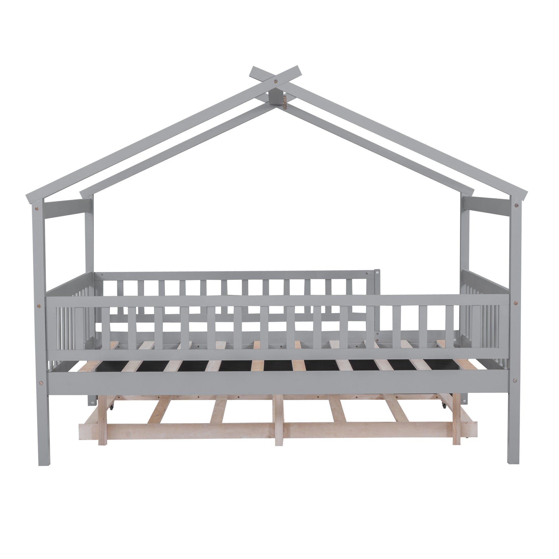 Full Size Wooden House Bed With Twin Size Trundle, Gray Full Gray Solid Wood Mdf